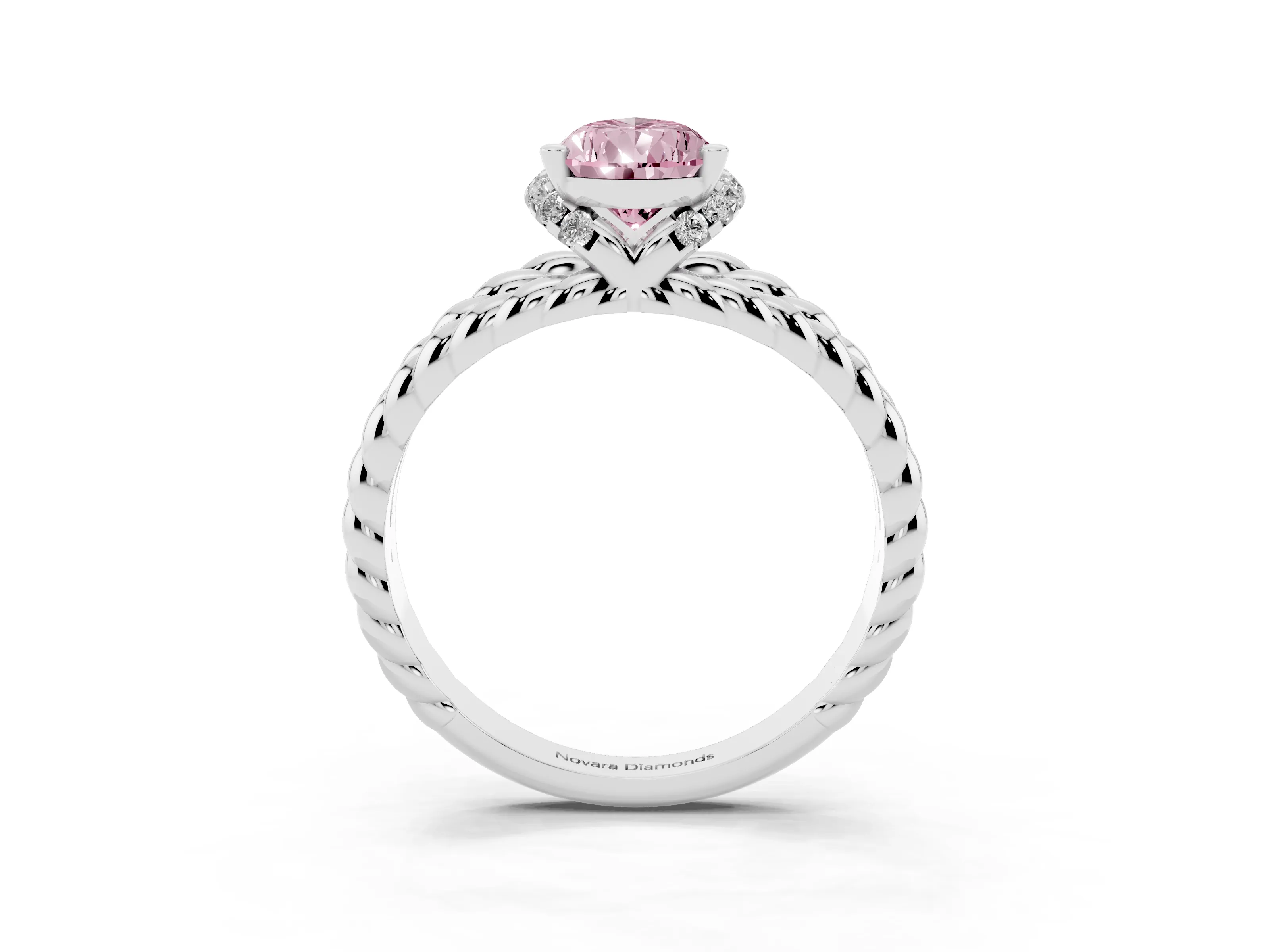 Fancy Pink Pear Cut Diamond Halo Ring Set in White gold with Twisted Band and Prong Setting