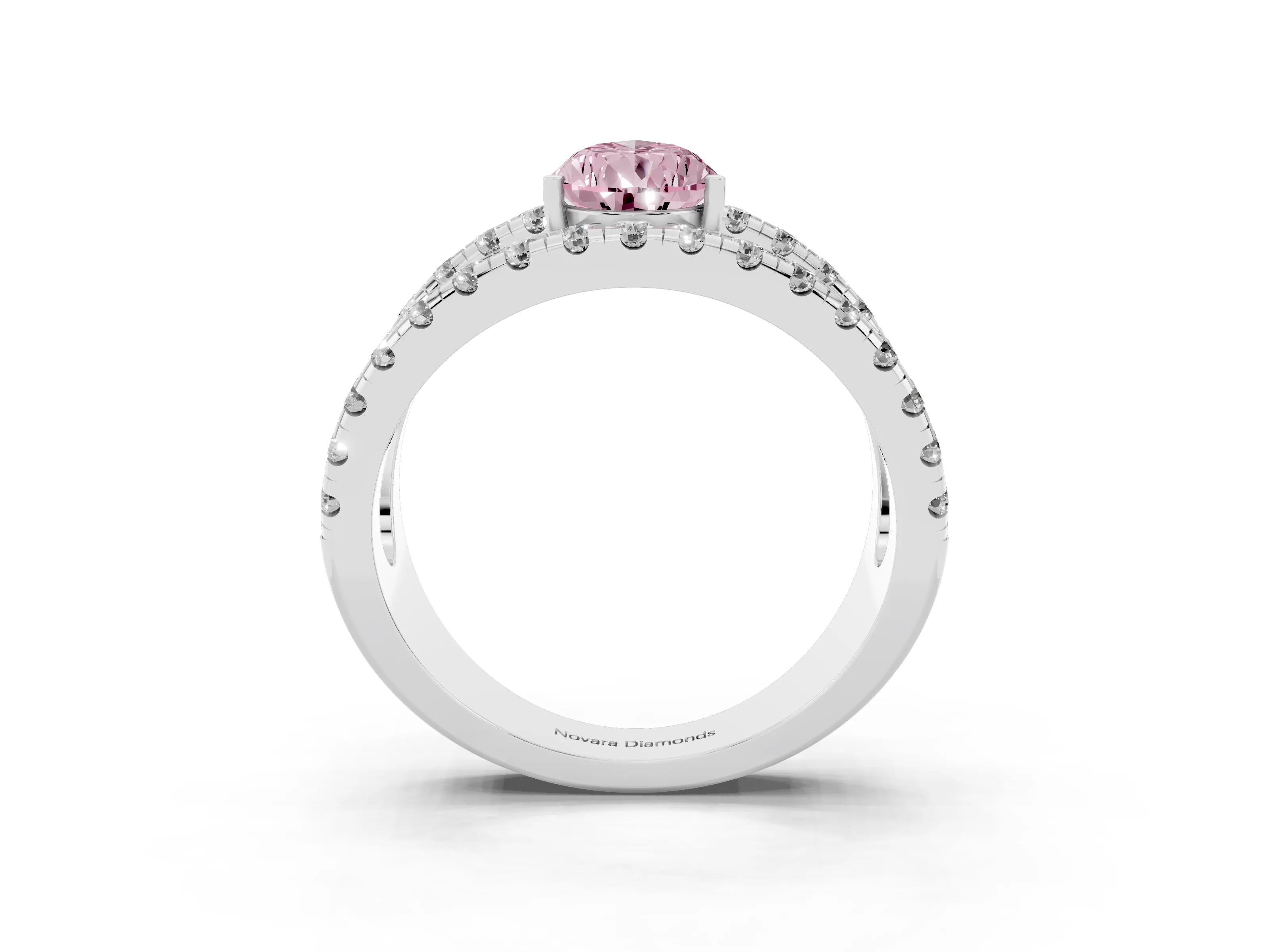 Fancy Pink Pear Cut Diamond Split Shank Pavé Solitaire Ring Set in Platinum with Open Shank Design