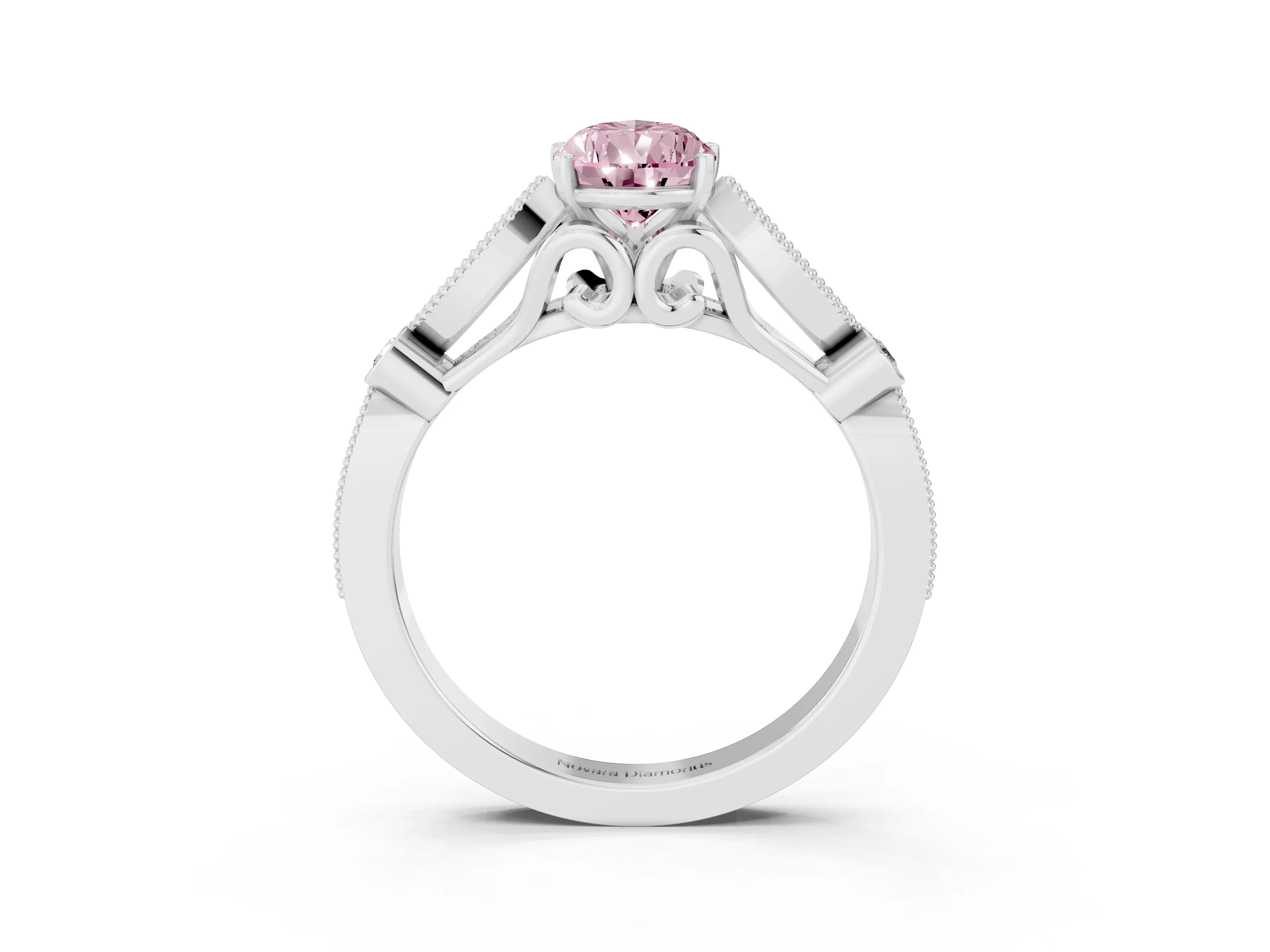 Fancy Pink Pear Cut Diamond Solitaire Ring Set in White gold with Milgrain Marquise and Bezel Accents