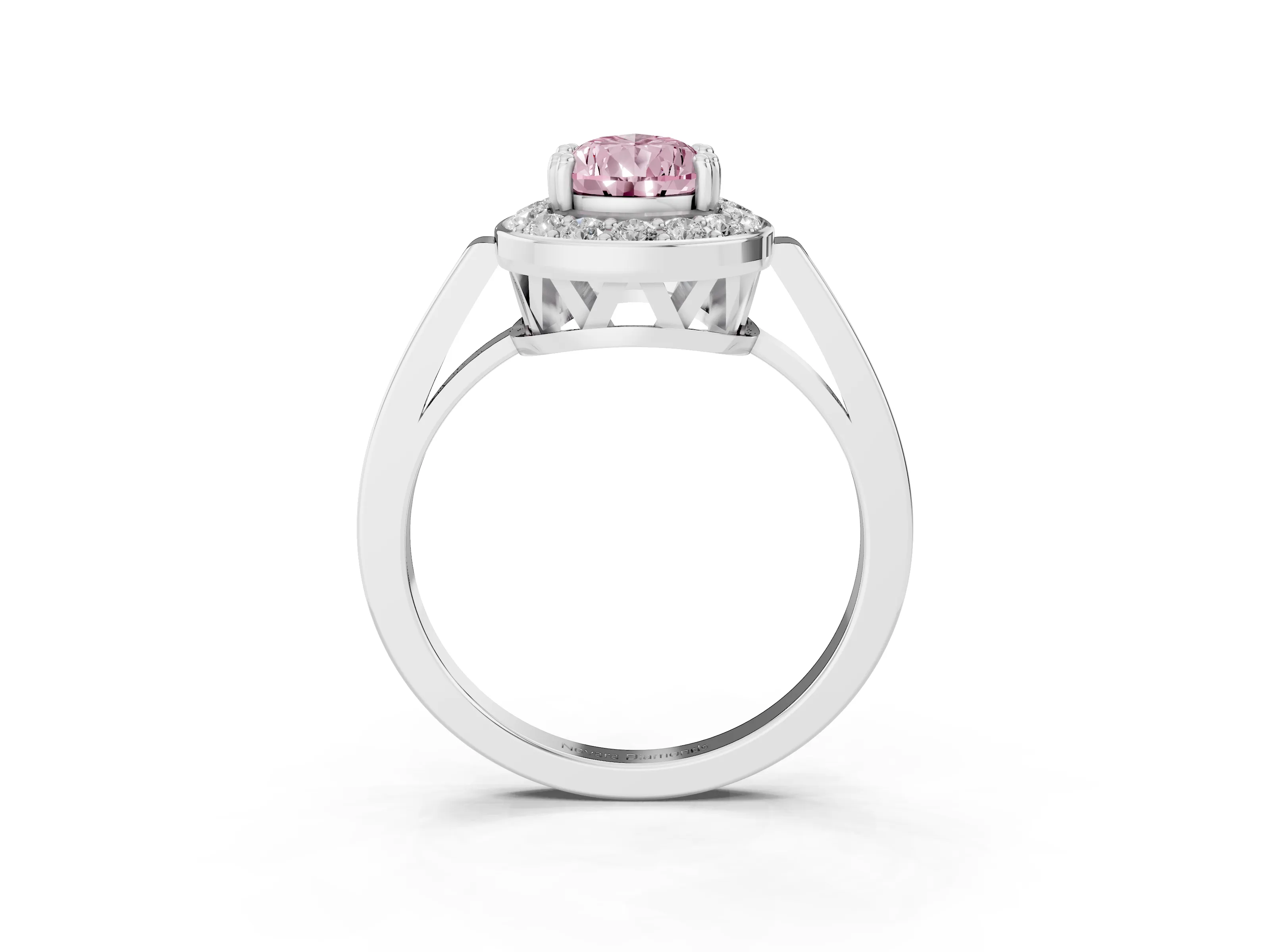 Fancy Pink Pear Cut Diamond Halo Ring Set in Platinum with Accent-Lined Split Shank and Prong Setting