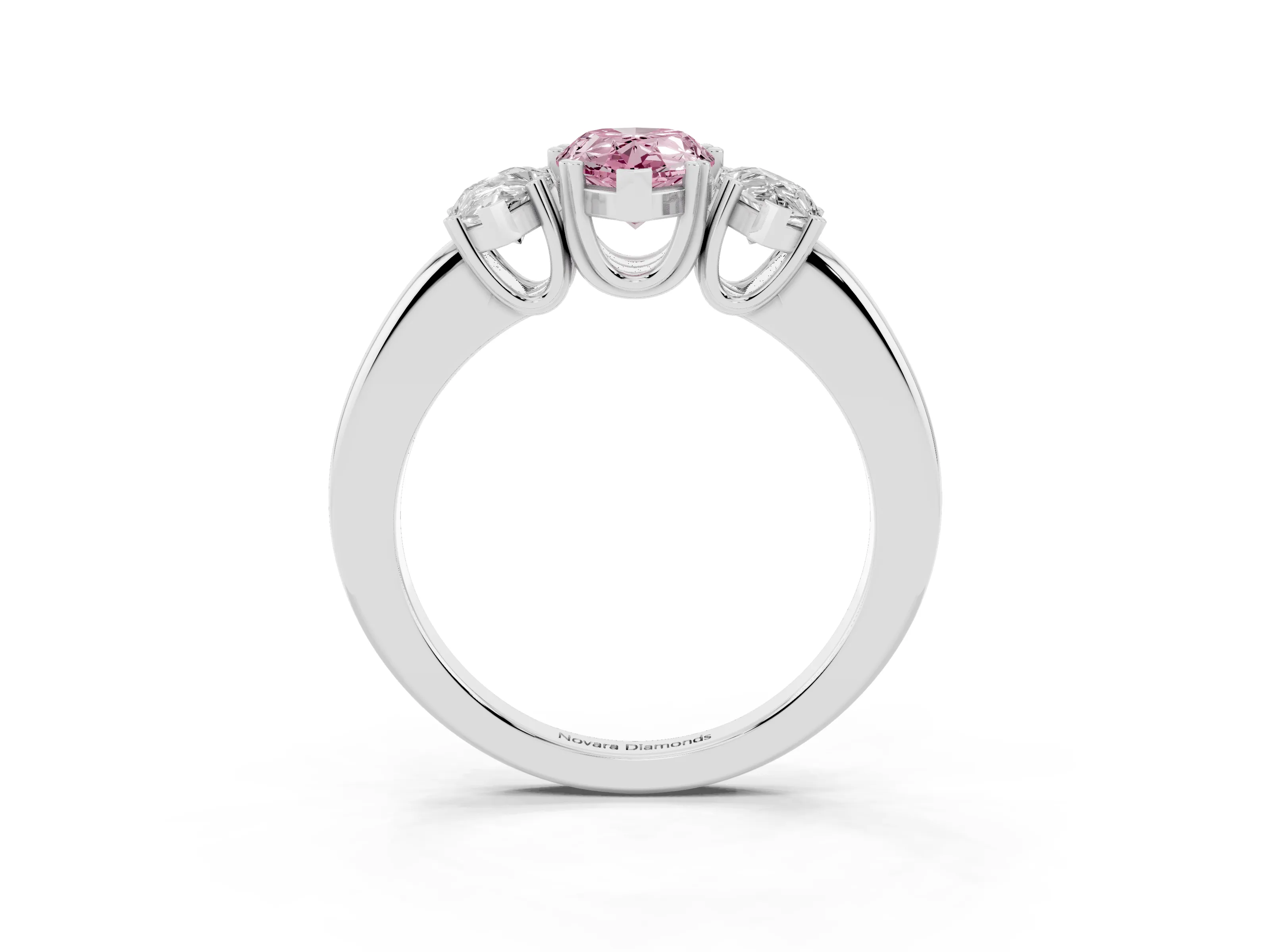Fancy Pink Pear Cut Diamond Three-Stone Ring Set in White gold with Polished Channel-Set Band