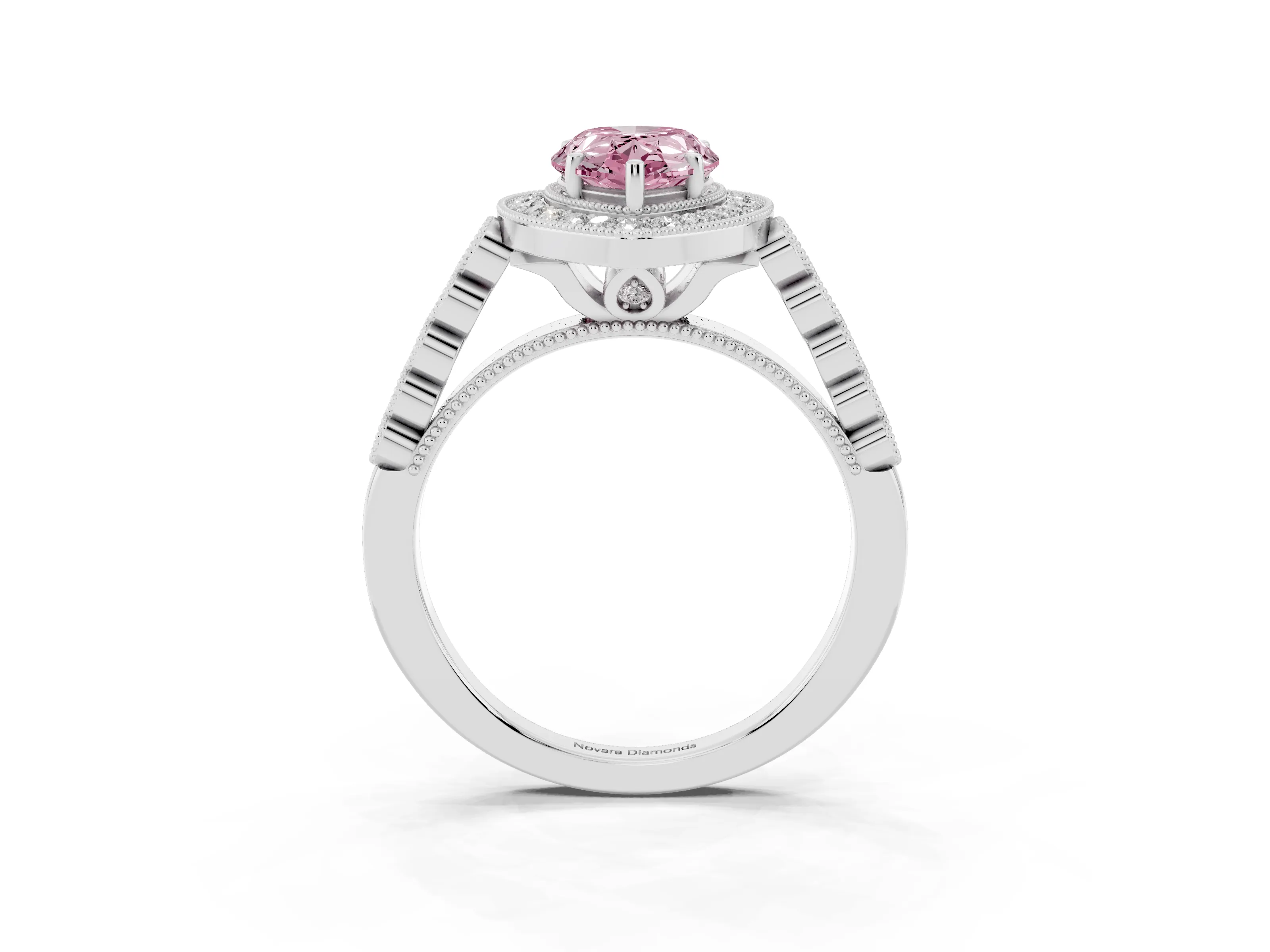 Fancy Pink Pear Cut Diamond Milgrain Halo Solitaire Ring Set in Platinum with Bezel Set Side Stones and Pavé Band