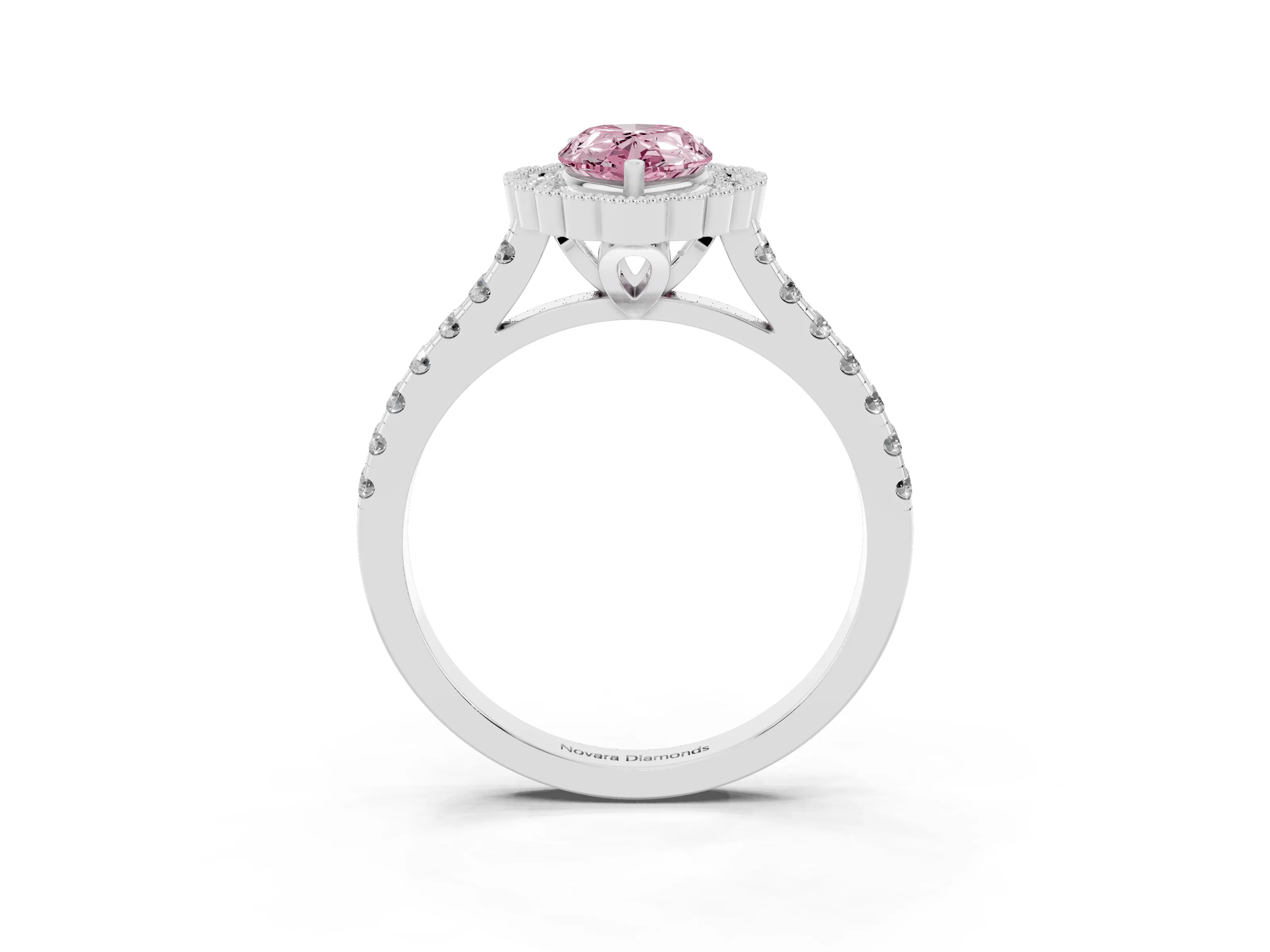 Fancy Pink Pear Cut Diamond Milgrain Floral Halo Engagement Ring Set in Silver with Pavé Band