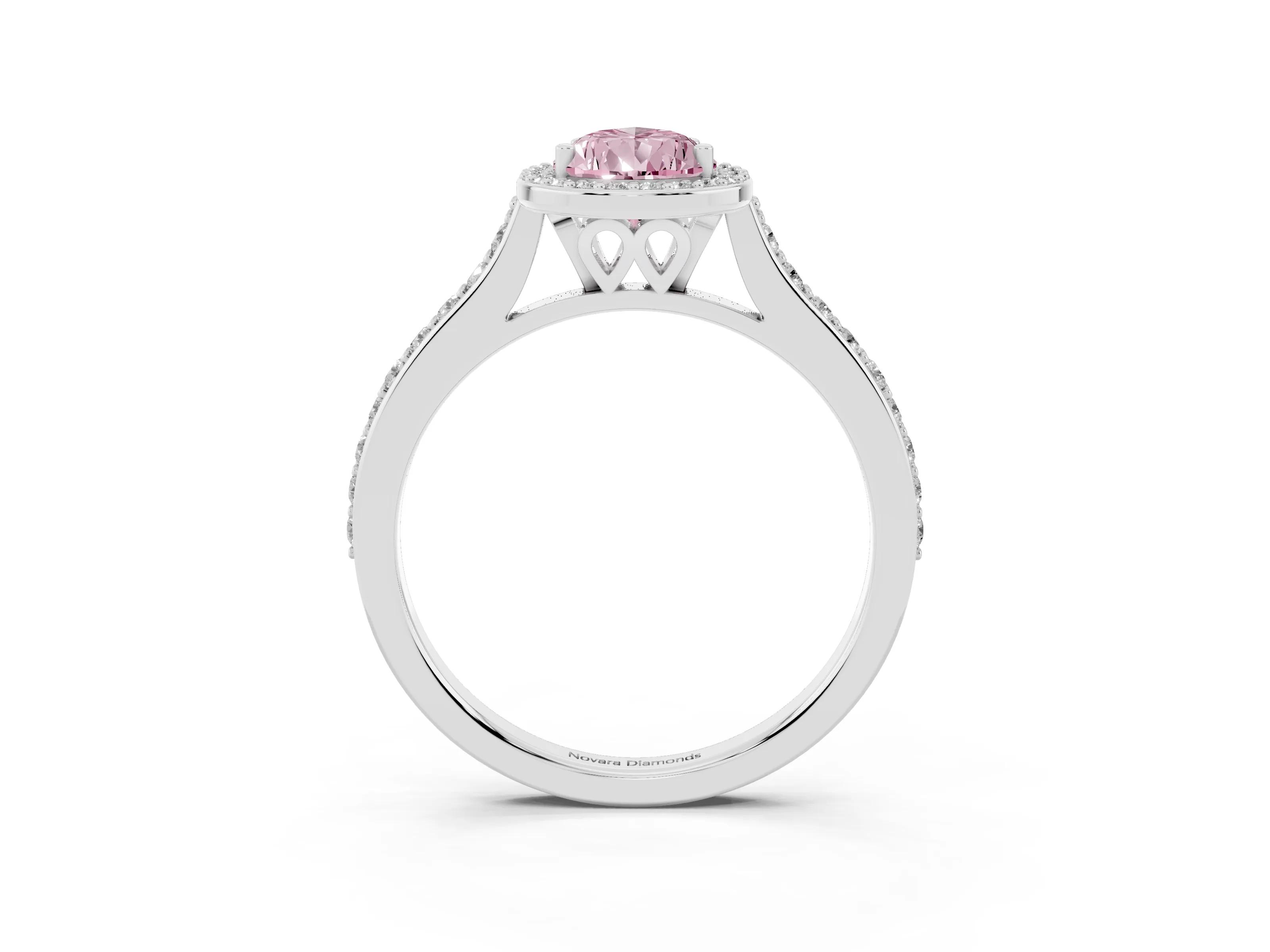 Fancy Pink Pear Cut Diamond Halo Engagement Ring Set in White gold with Round Pavé Shoulders and Heart Gallery