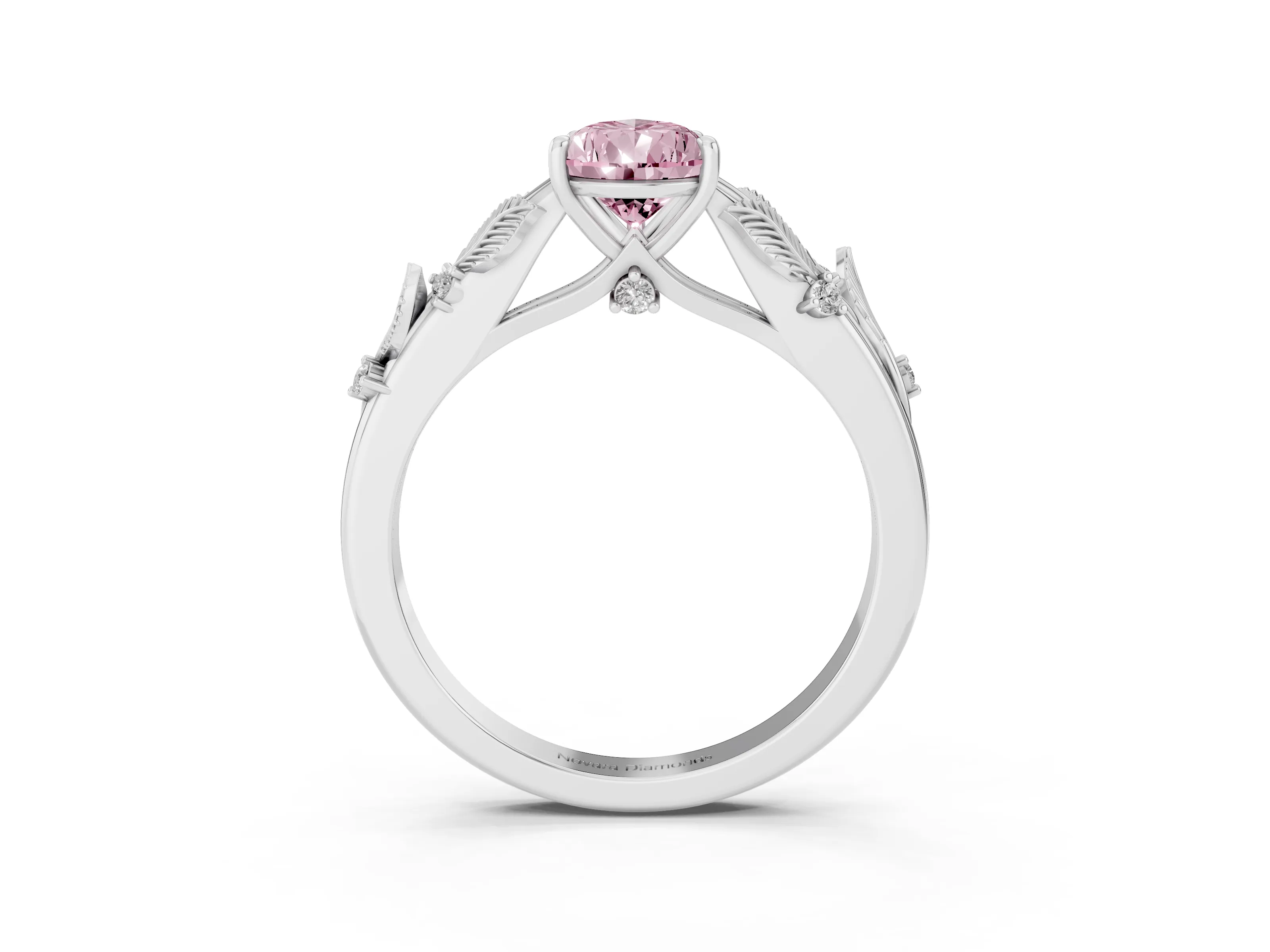 Fancy Pink Pear Cut Diamond Solitaire Ring Set in White gold with Leaf Motif Band