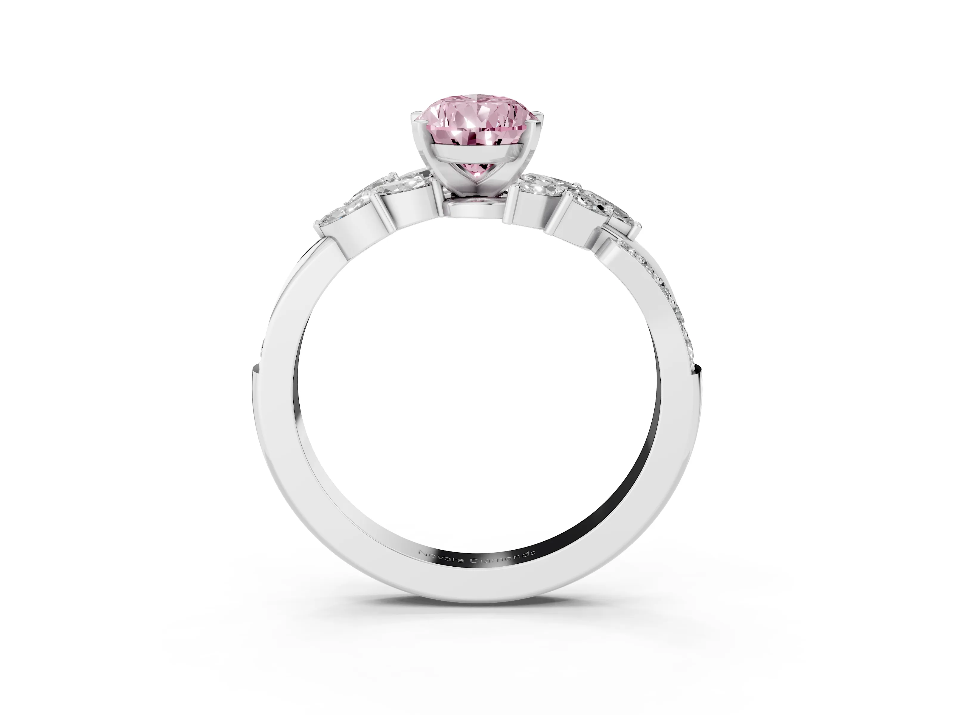Fancy Pink Pear Cut Diamond Solitaire Ring Set in Platinum with Marquise Twist Band and Prong Setting