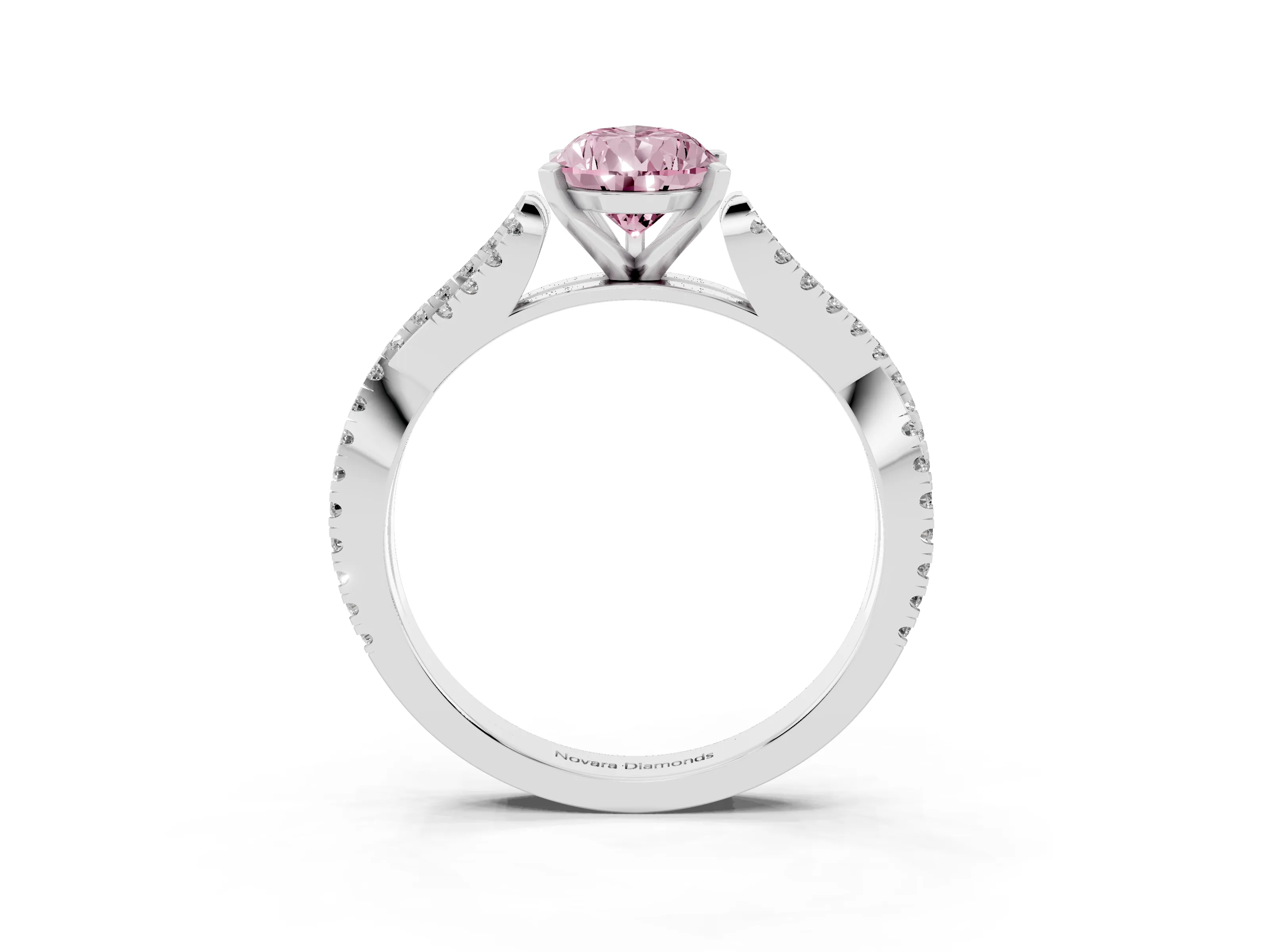 Fancy Pink Pear Cut Diamond Solitaire Engagement Ring Set in White gold with Twisted Pavé Band and Prong Setting