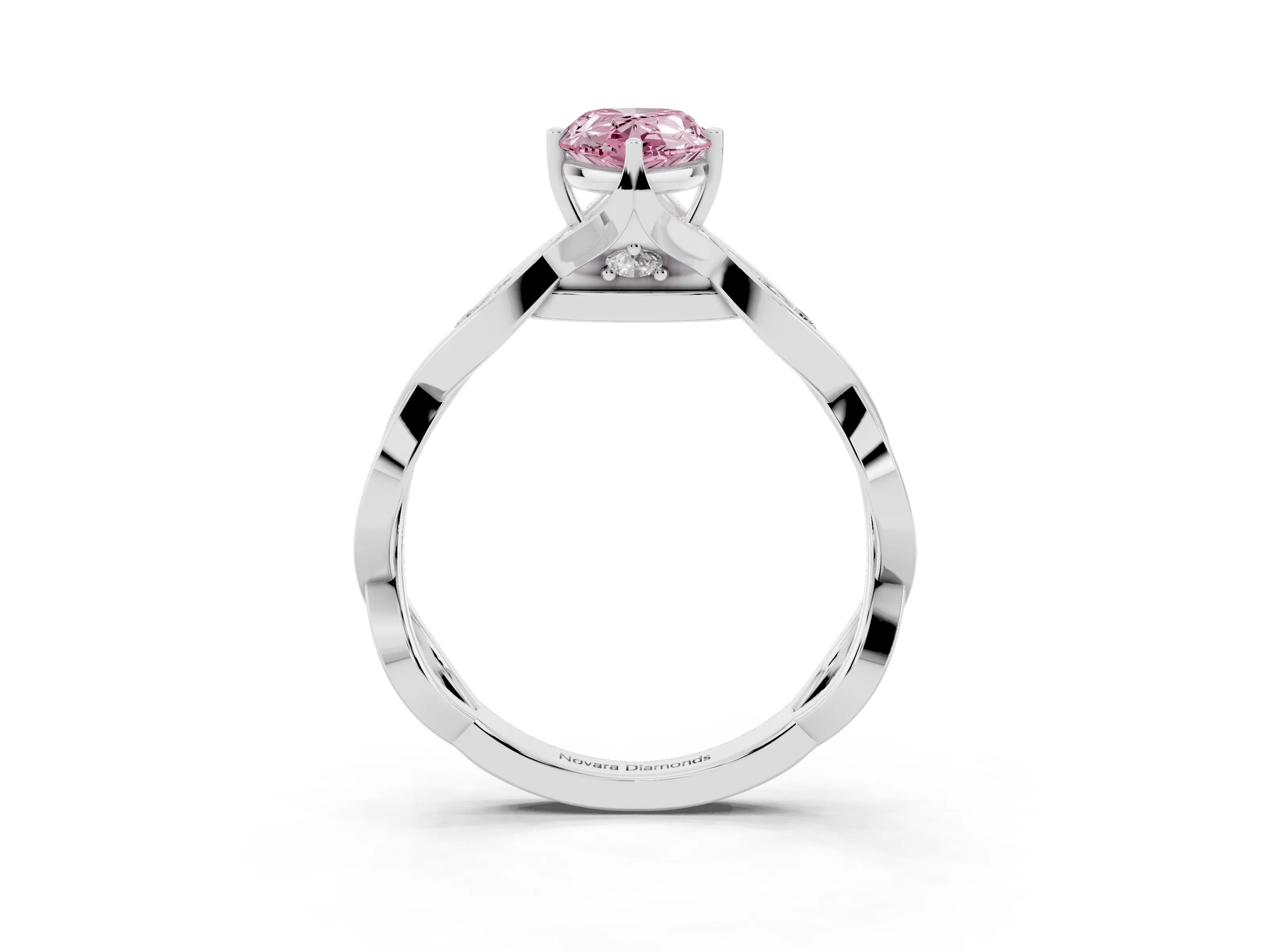 Fancy Pink Pear Cut Diamond Twist Band Solitaire Ring Set in Platinum with Leaf Prong Setting and Accent Stones