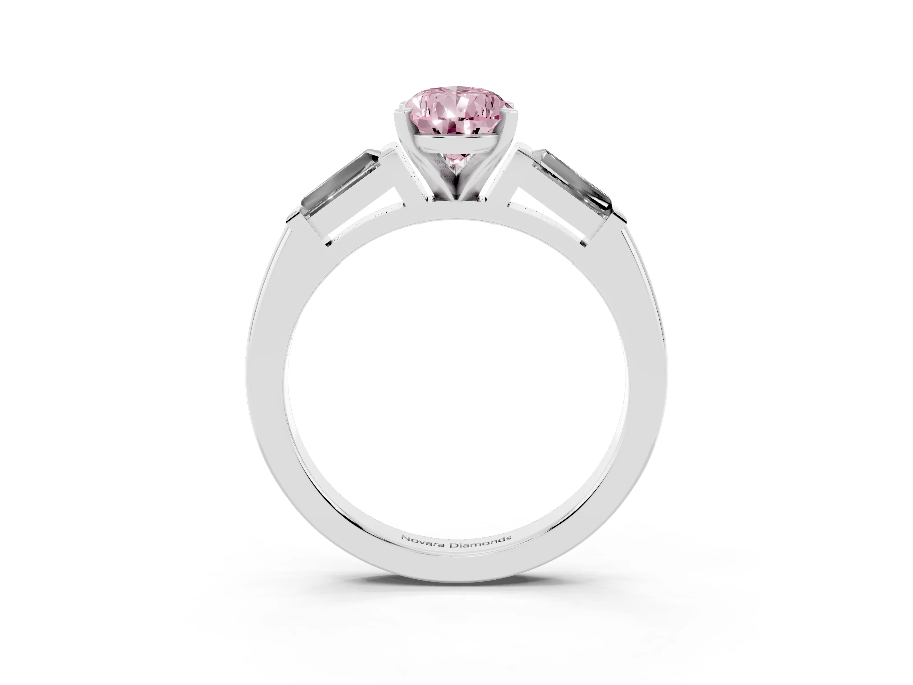 Fancy Pink Pear Cut Diamond Solitaire Ring Set in Platinum with Tapered Baguette Side Stones and Prong Setting