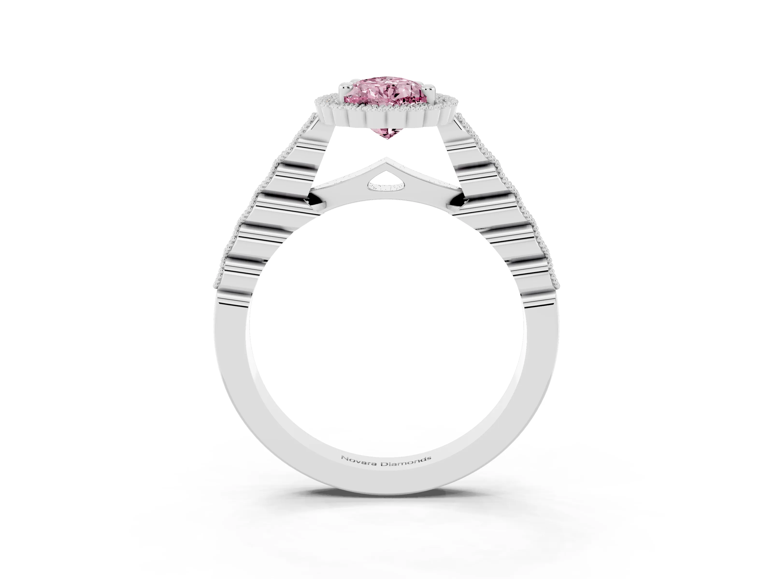 Fancy Pink Pear Cut Diamond Halo Ring Set in Platinum with Pavé Milgrain Band