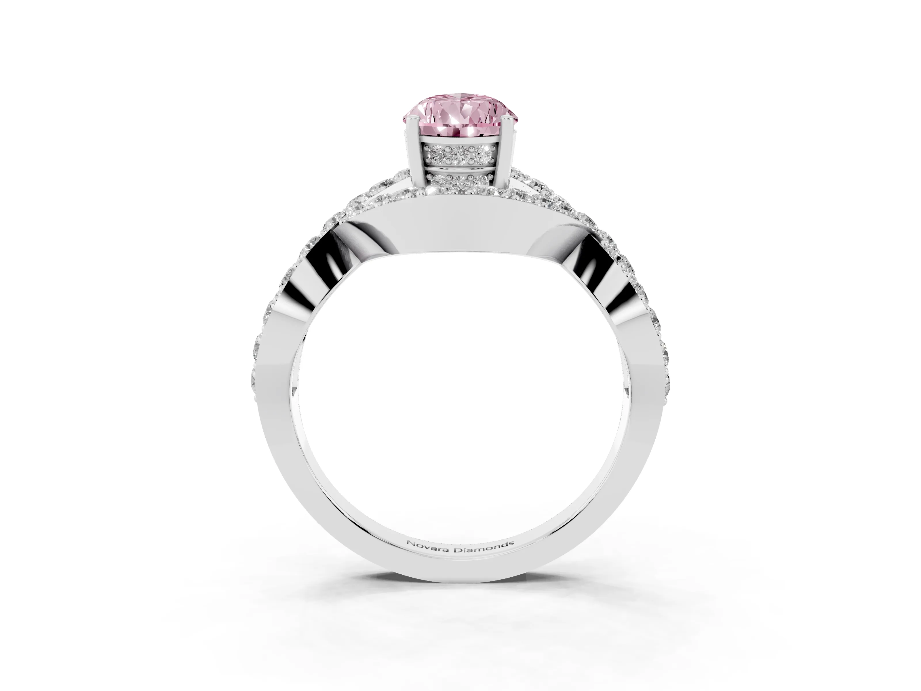 Fancy Pink Pear Cut Diamond Solitaire Twist Band Pavé Engagement Ring Set in Silver