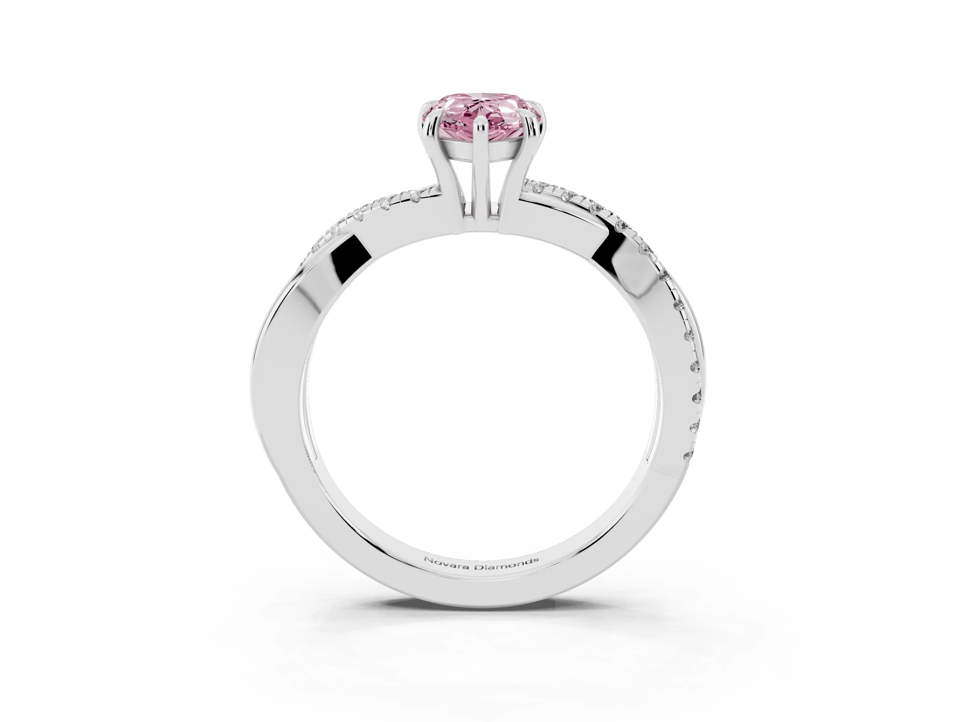 Fancy Pink Pear Cut Diamond Twisted Pavé Band Ring Set in Silver with Prong Setting