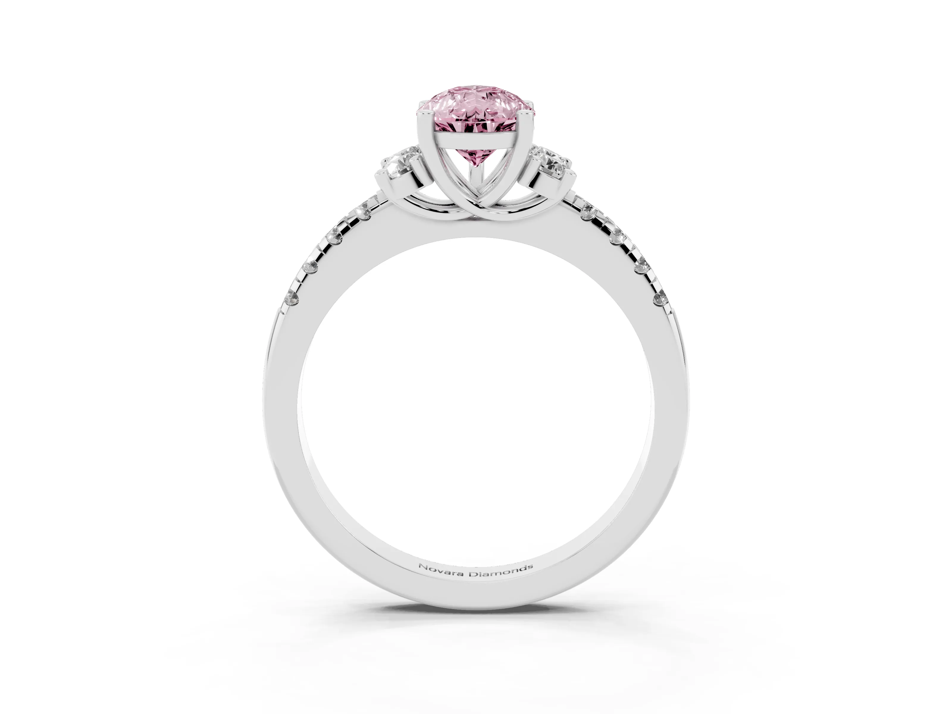 Fancy Pink Pear Cut Diamond Three-Stone Pavé Ring Set in Platinum with Prong Setting