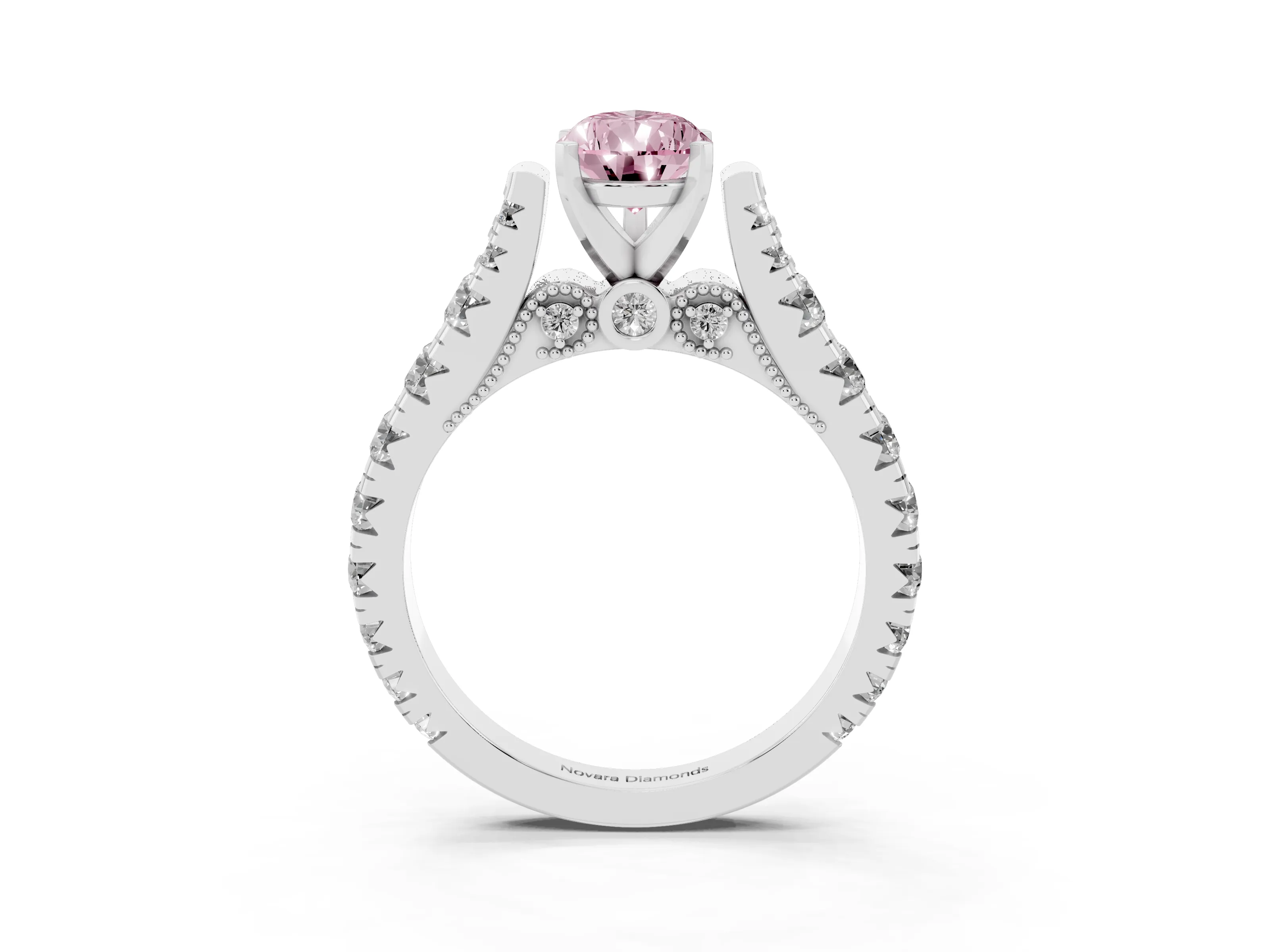 Fancy Pink Pear Cut Diamond Classic Solitaire Ring Set in Platinum with Pavé Band and Prong Setting