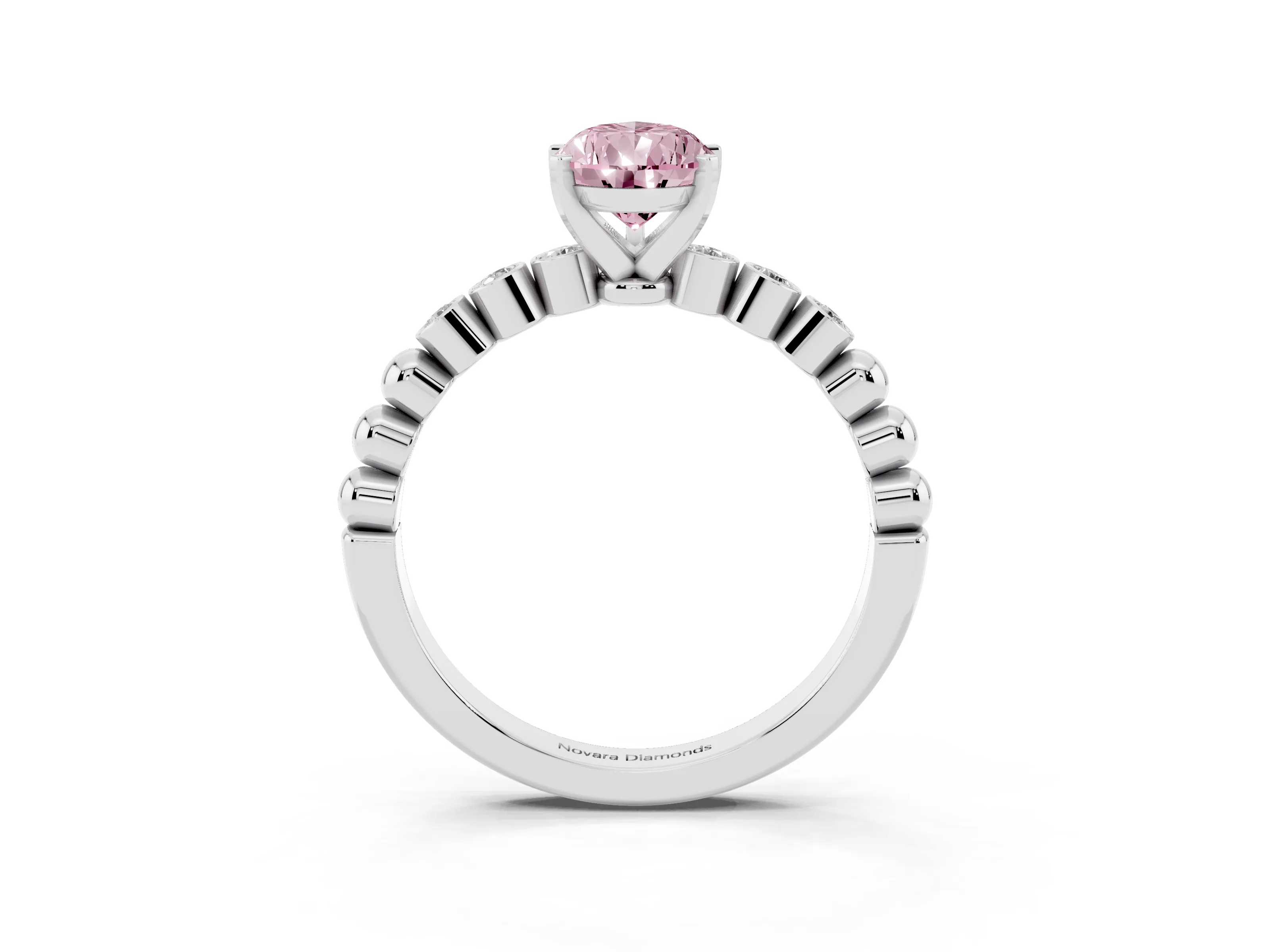 Fancy Pink Pear Cut Diamond Solitaire Engagement Ring Set in Silver with Bezel Accents on Beaded Band