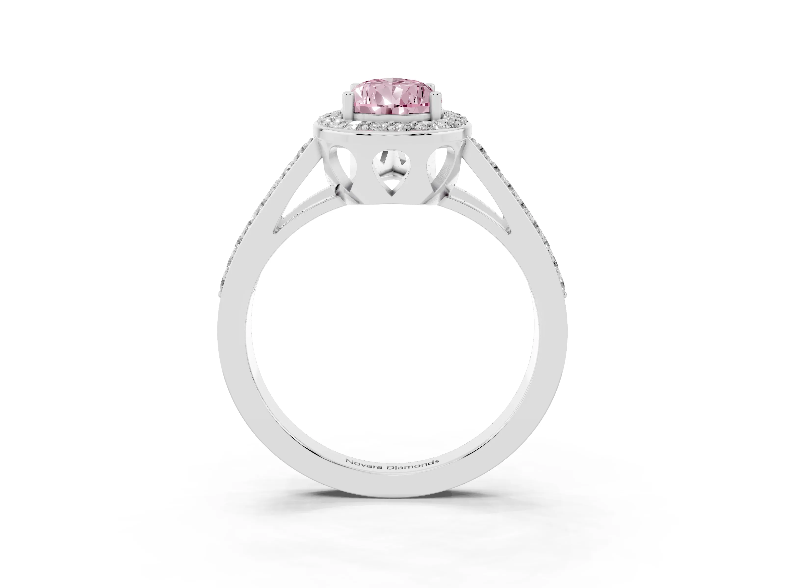 Fancy Pink Pear Cut Diamond Halo Ring Set in Silver with U-Prong Split Shank and Prong Setting