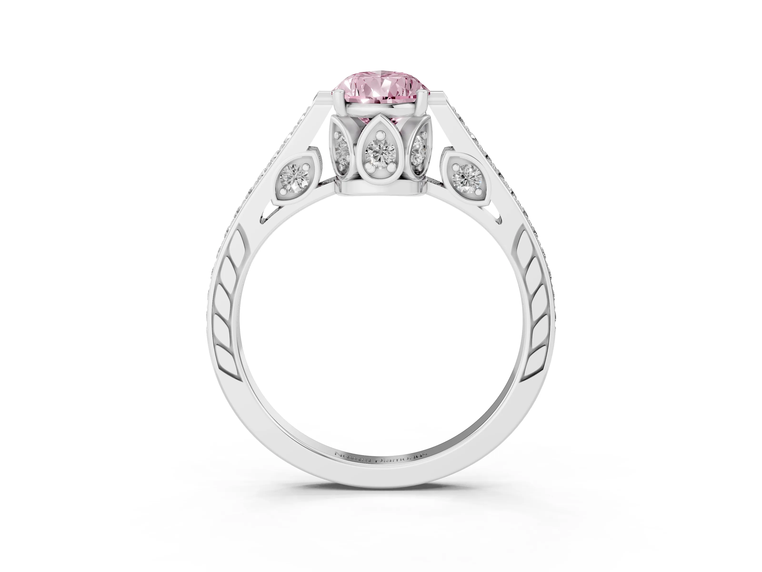Fancy Pink Pear Cut Diamond Cathedral Pavé Engagement Ring Set in Silver with Prong Setting