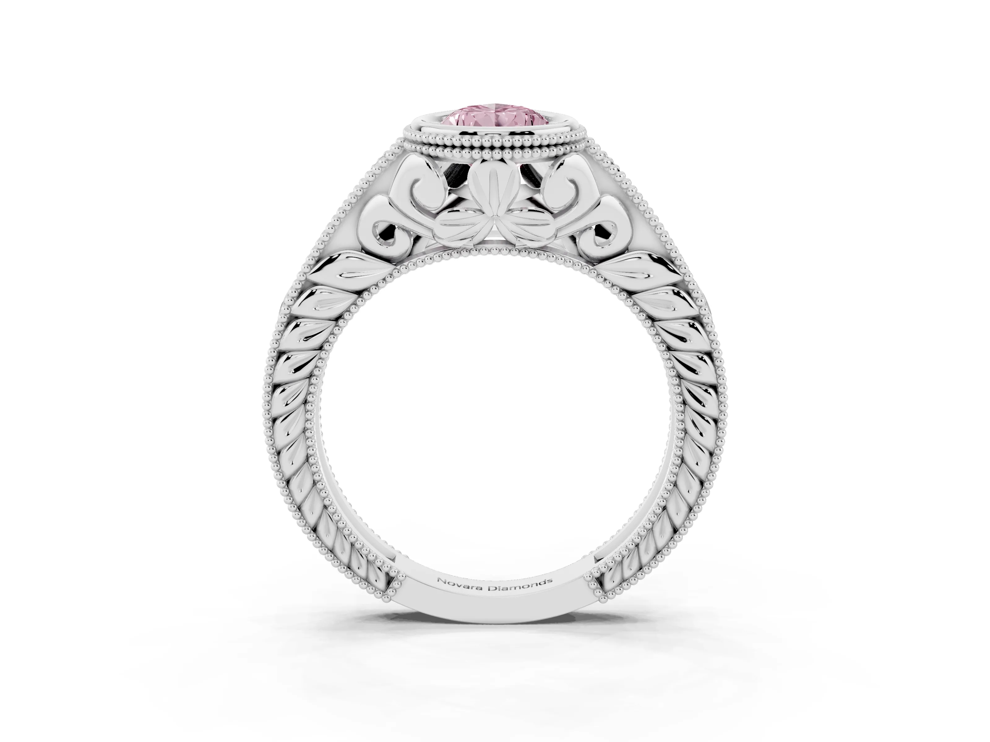 Fancy Pink Bezel Set Pear Cut Diamond Milgrain Pavé Engagement Ring Set in Silver