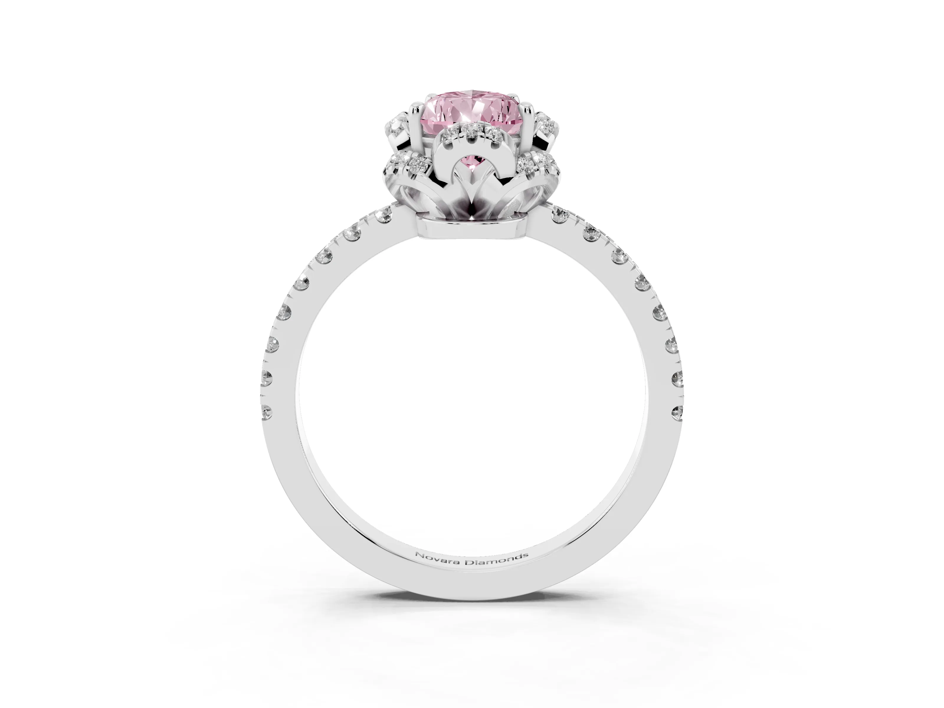 Fancy Pink Pear Cut Diamond Halo Pavé Band Ring Set in Platinum with Prong-Held Center