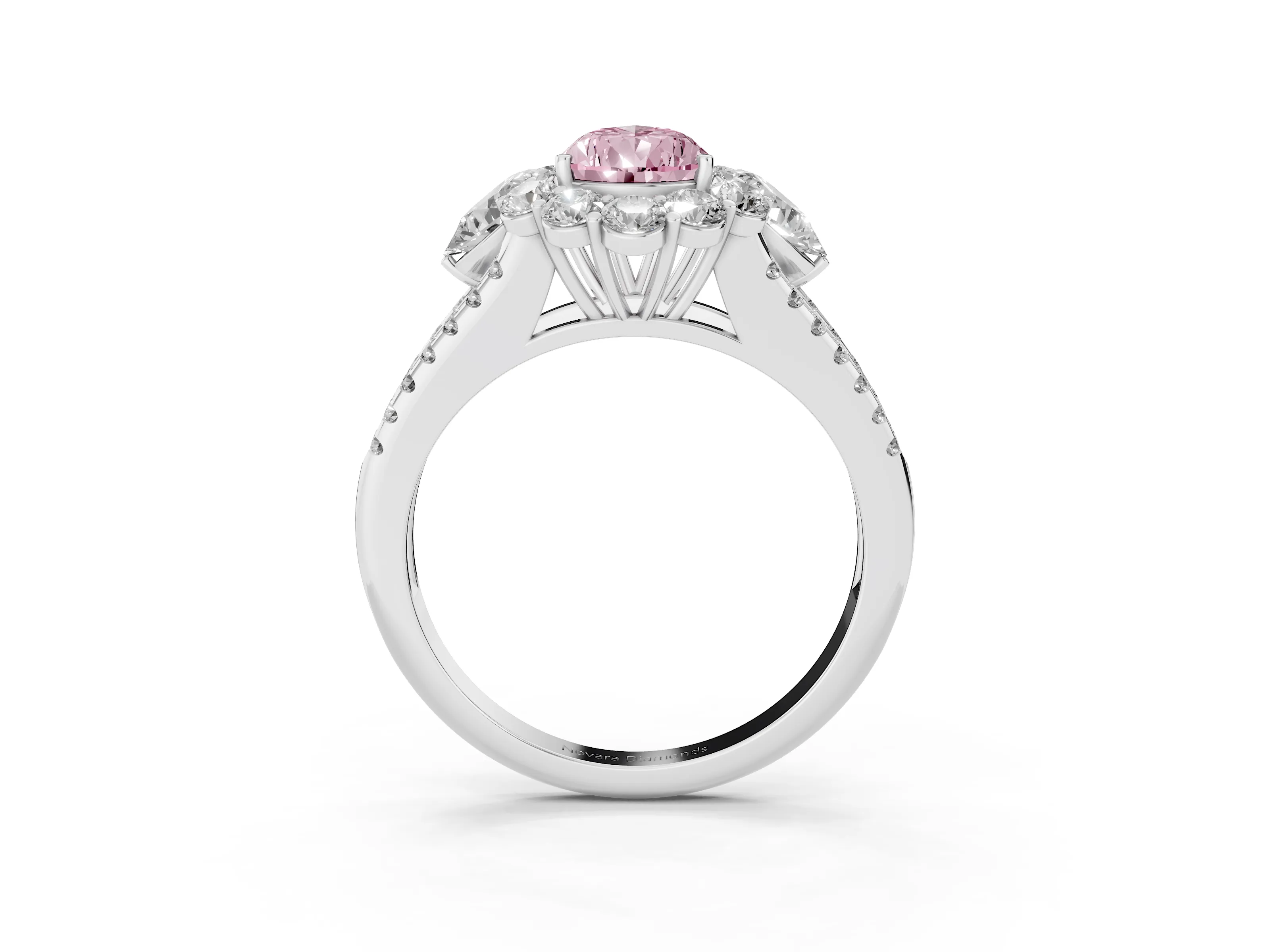 Fancy Pink Pear Cut Diamond Halo Split Shank Engagement Ring Set in Silver with Prong-Held Center Stone