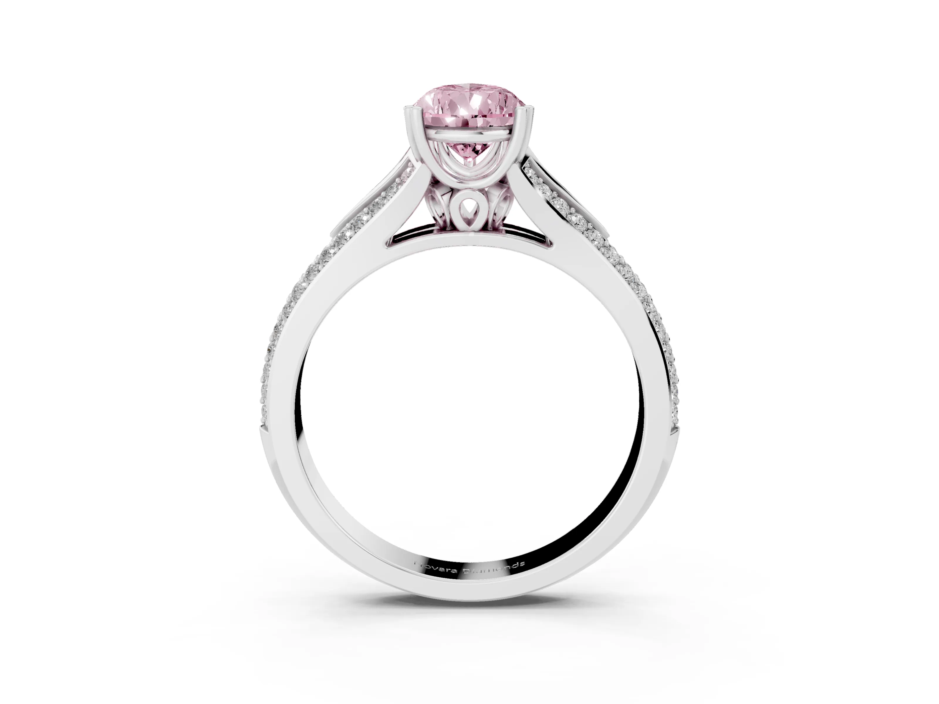 Fancy Pink Pear Cut Diamond Split Shank Pavé Engagement Ring Set in White gold with Prong-Set Center Stone
