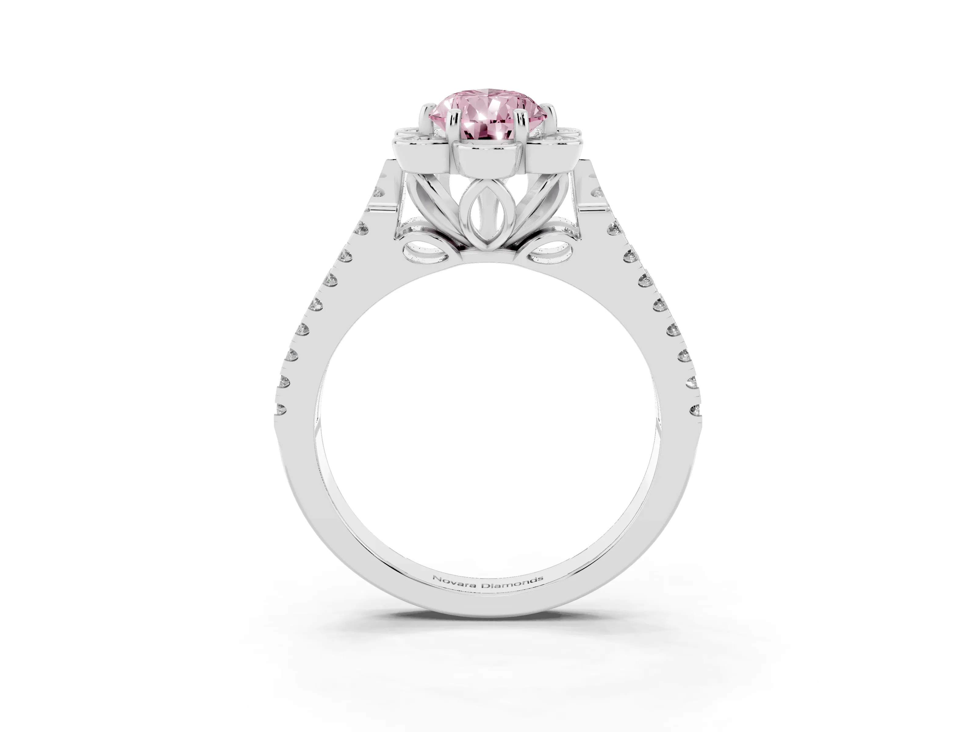 Fancy Pink Pear Cut Diamond Floral Halo Split Shank Engagement Ring Set in White gold with Pavé Shank