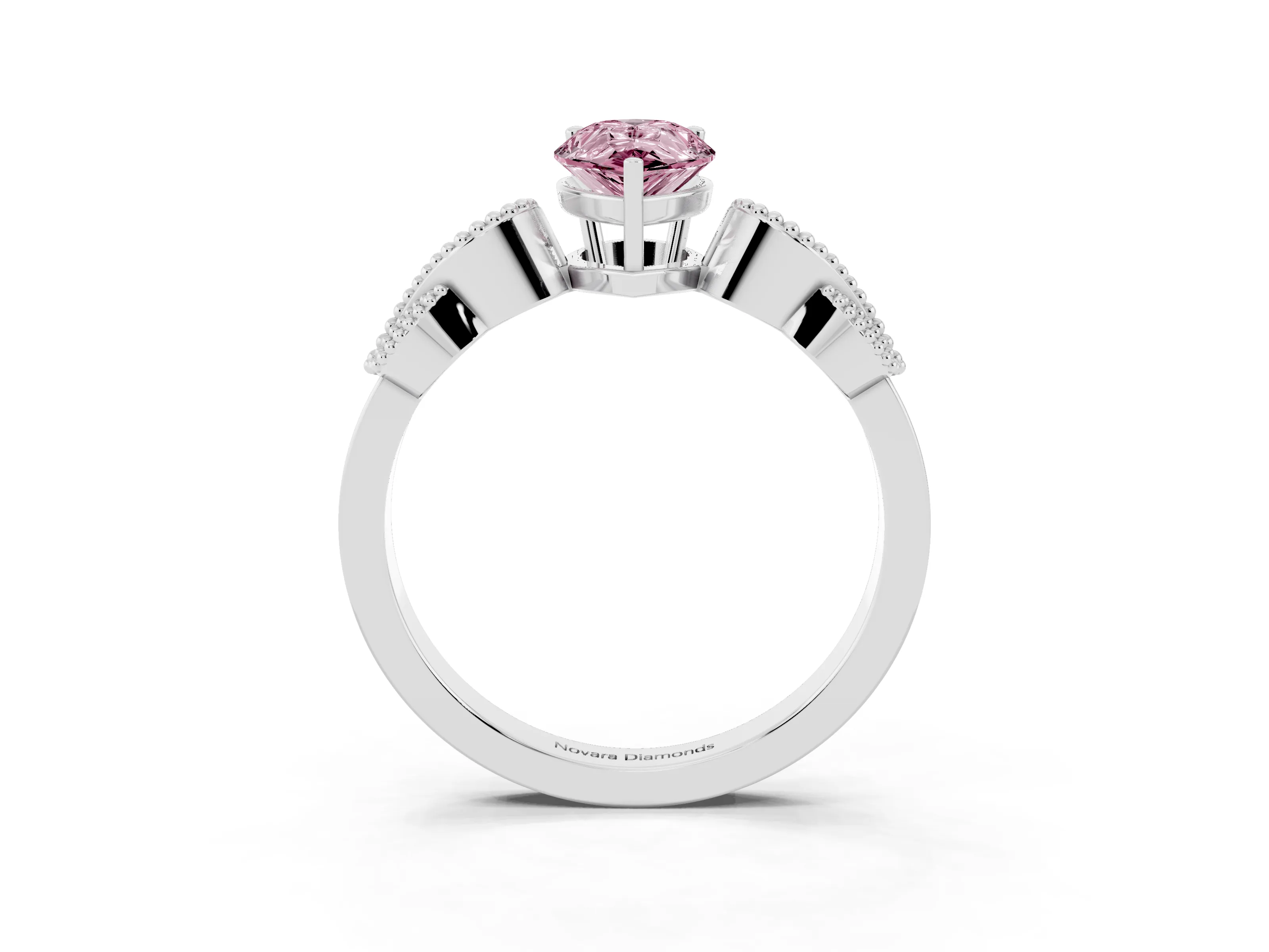 Fancy Pink Pear Cut Diamond Milgrain Leaf Band Solitaire Ring Set in White gold with Accent Stones and Prong Setting