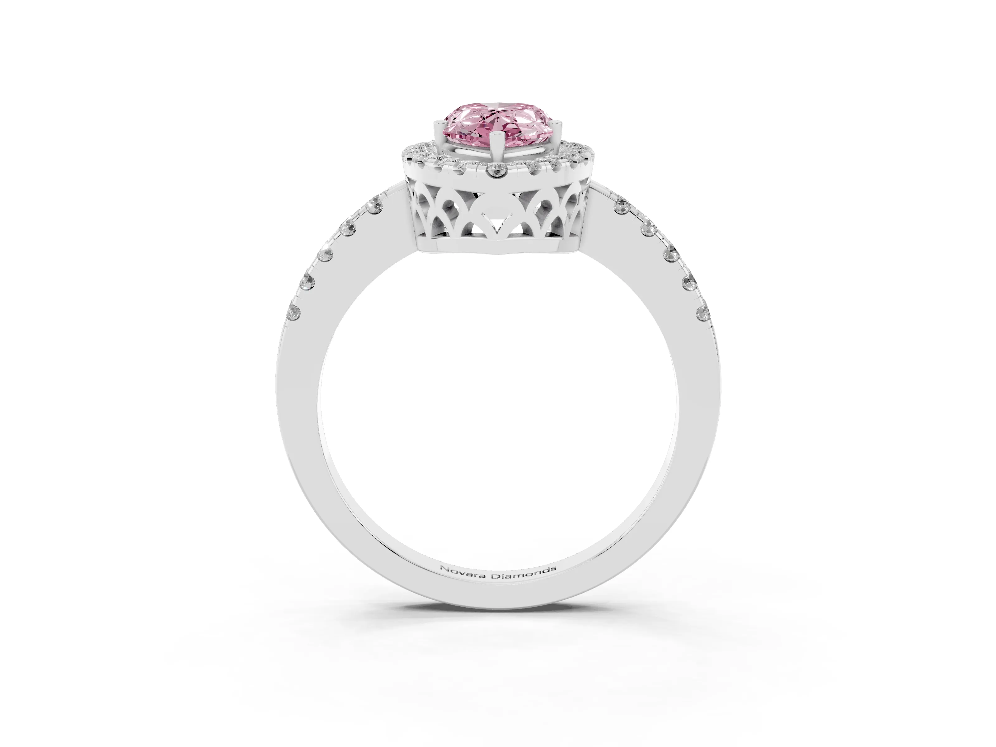 Fancy Pink Pear Cut Diamond Pavé Band Halo Engagement Ring Set in White gold with Prong Setting
