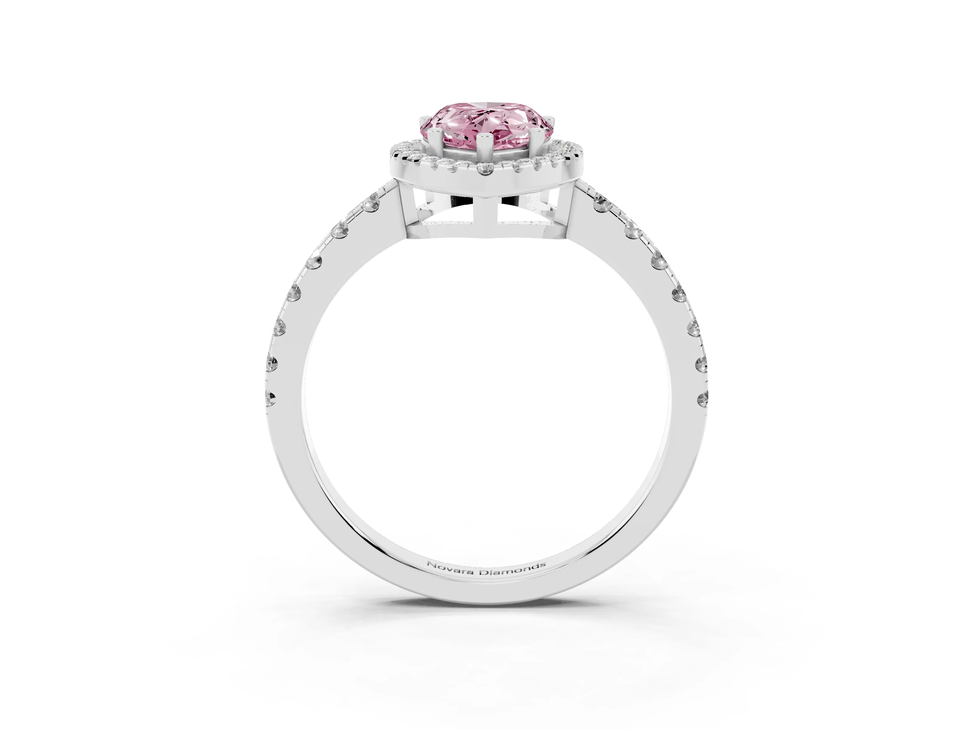 Fancy Pink Pear Cut Diamond Halo Ring Set in White gold with Delicate Pavé Band and Prong Setting