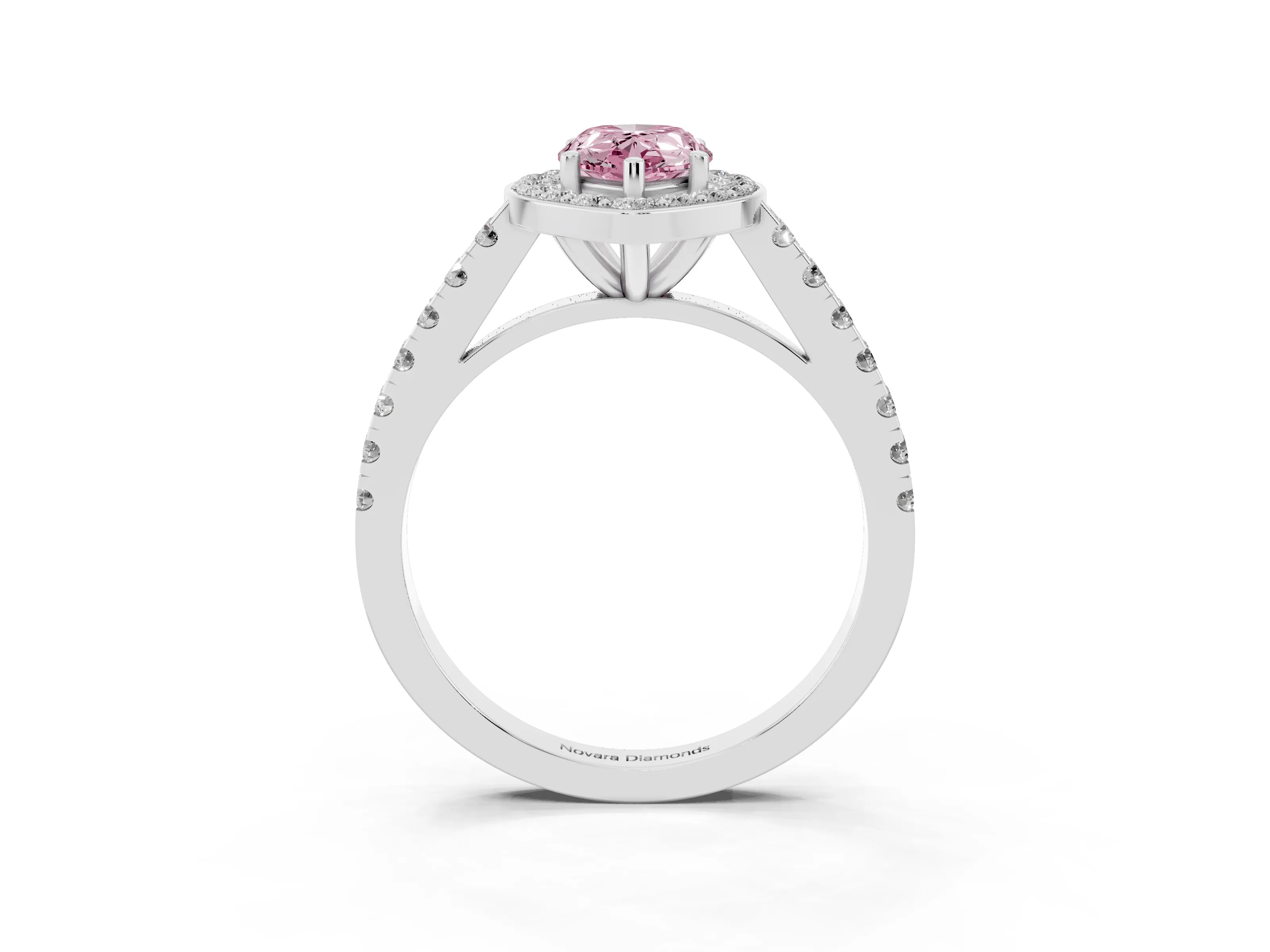 Fancy Pink Pear Cut Diamond Halo Ring Set in Silver with Round Pavé Split Shank and Prong Setting