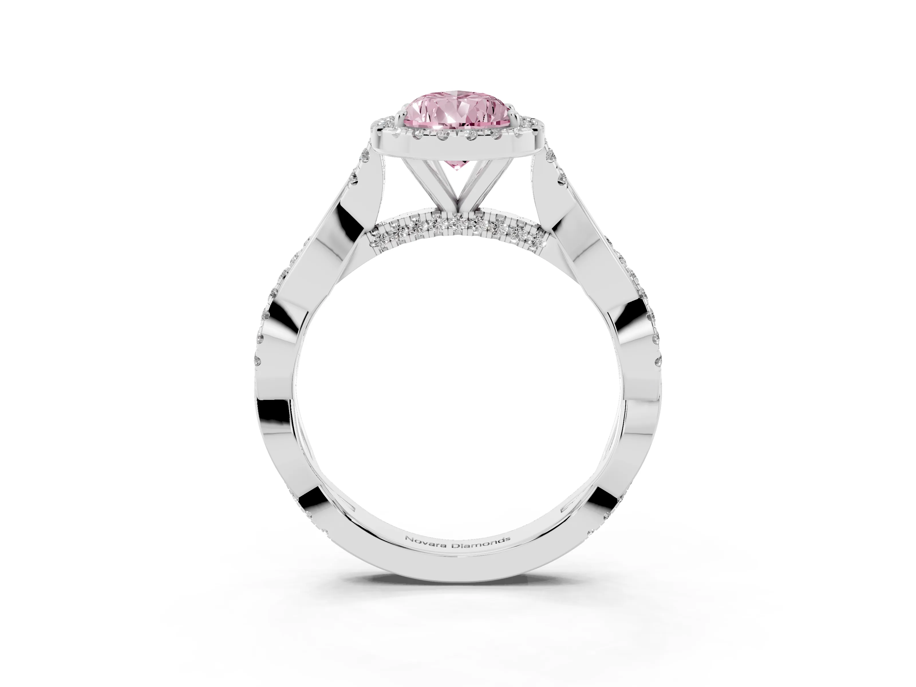 Fancy Pink Pear Cut Diamond Halo Twist Band Solitaire Ring Set in White gold with Prong Setting