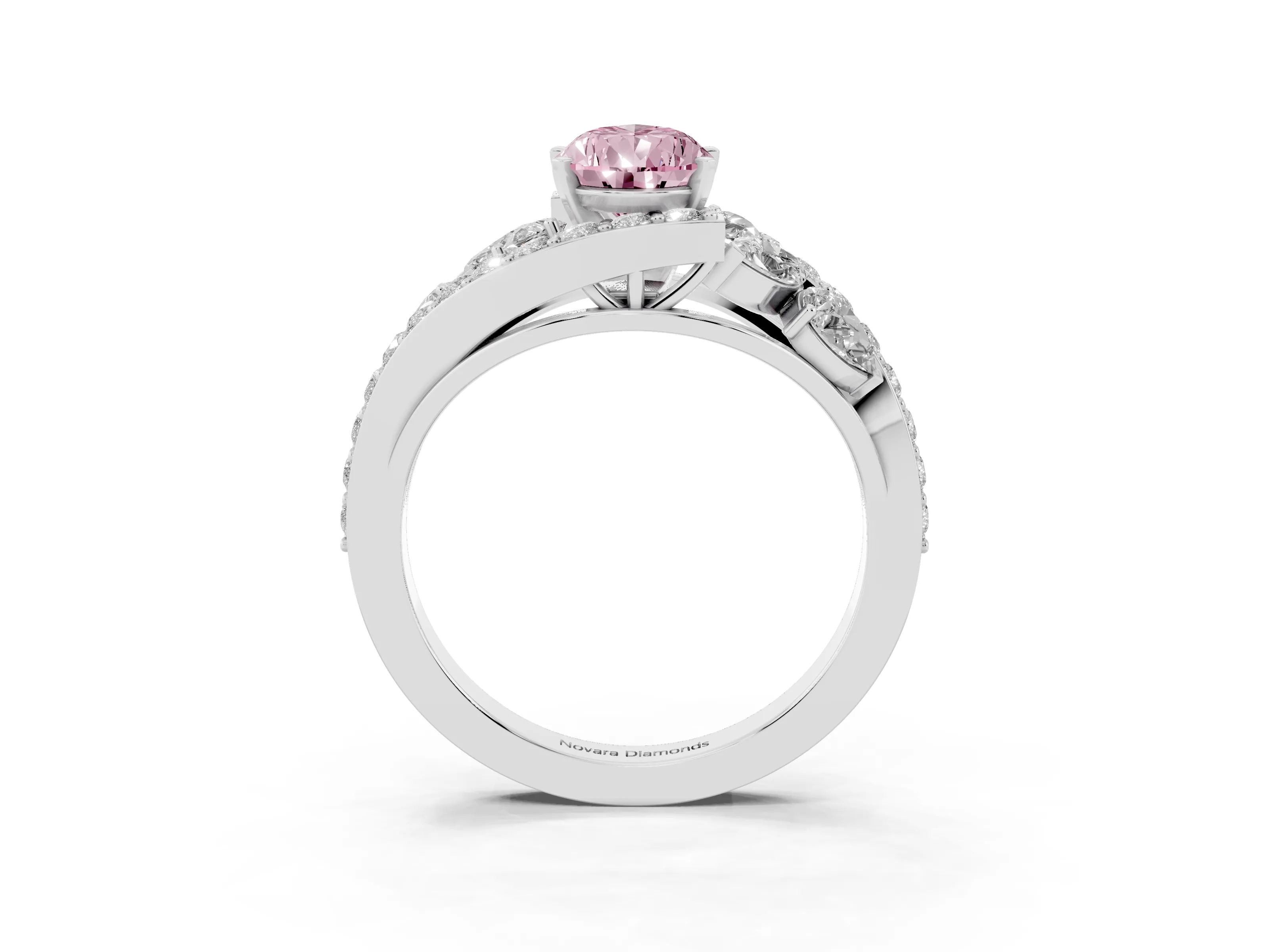 Fancy Pink Pear Cut Diamond Halo Ring Set in Platinum with Marquise and Pavé Band in Prong Setting