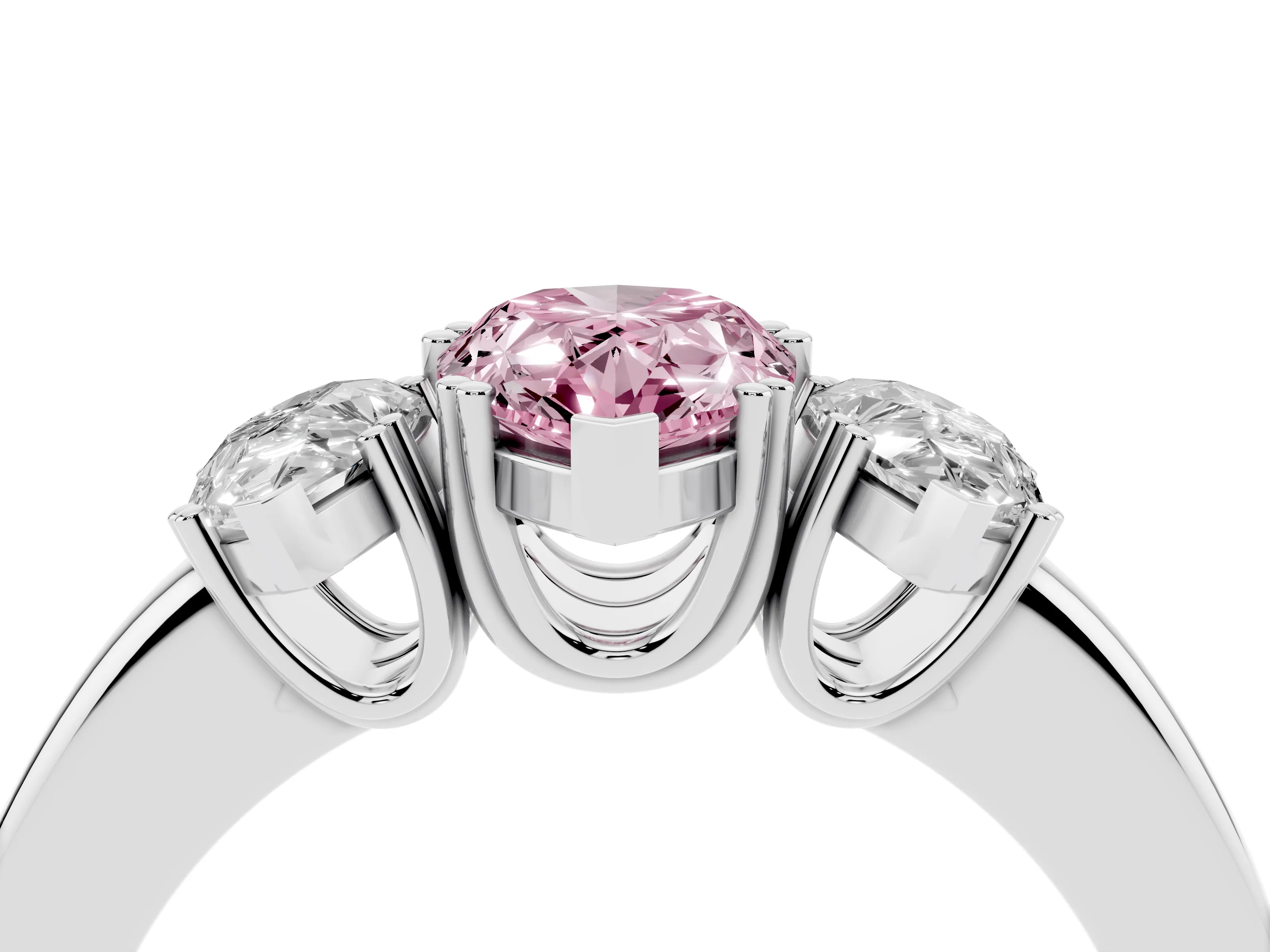 Fancy Pink Pear Cut Diamond Three-Stone Ring Set in White gold with Polished Channel-Set Band