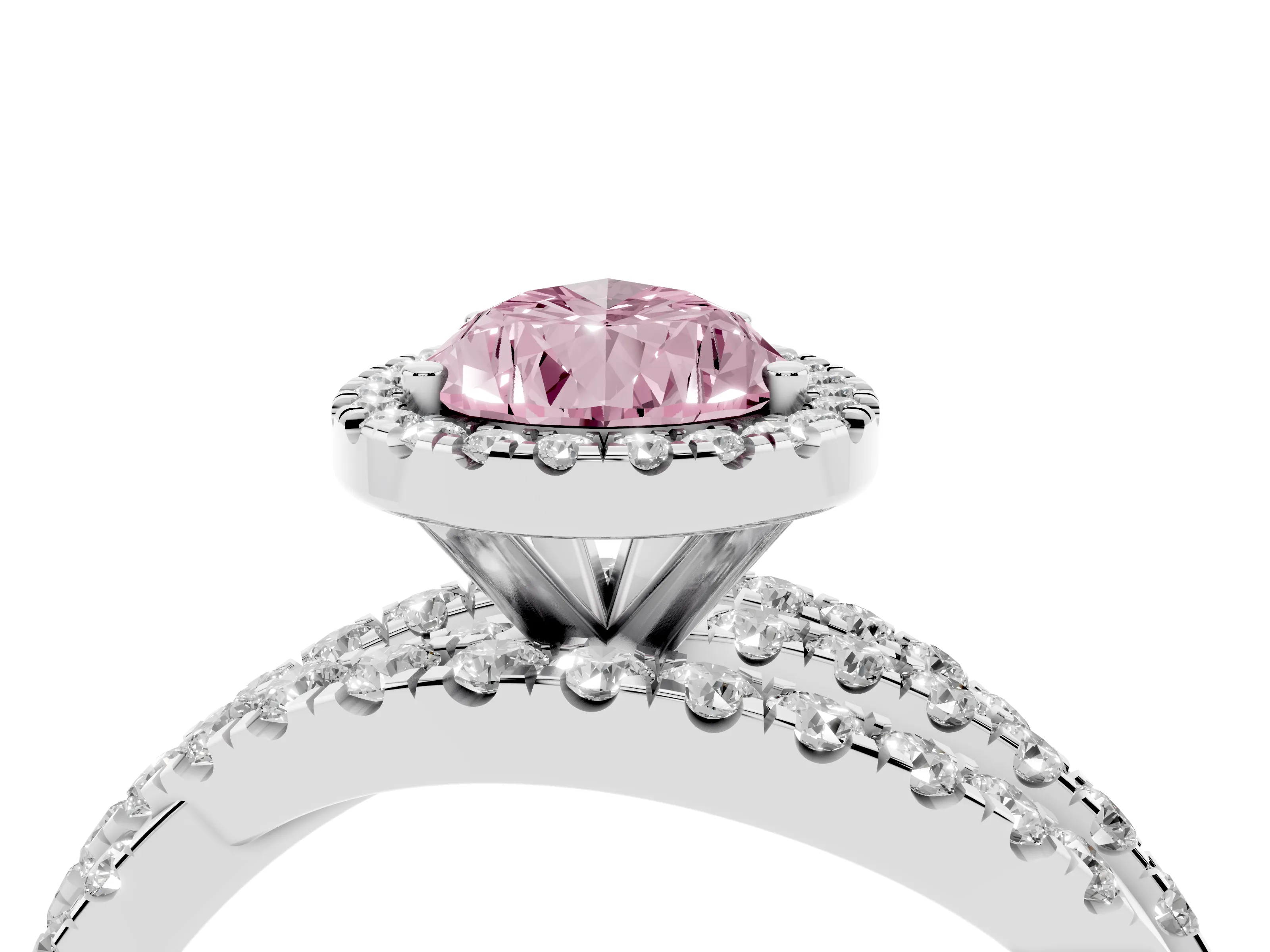 Fancy Pink Pear Cut Diamond Halo Ring Set in Platinum with Round Crossover Split Shank and Prong Setting