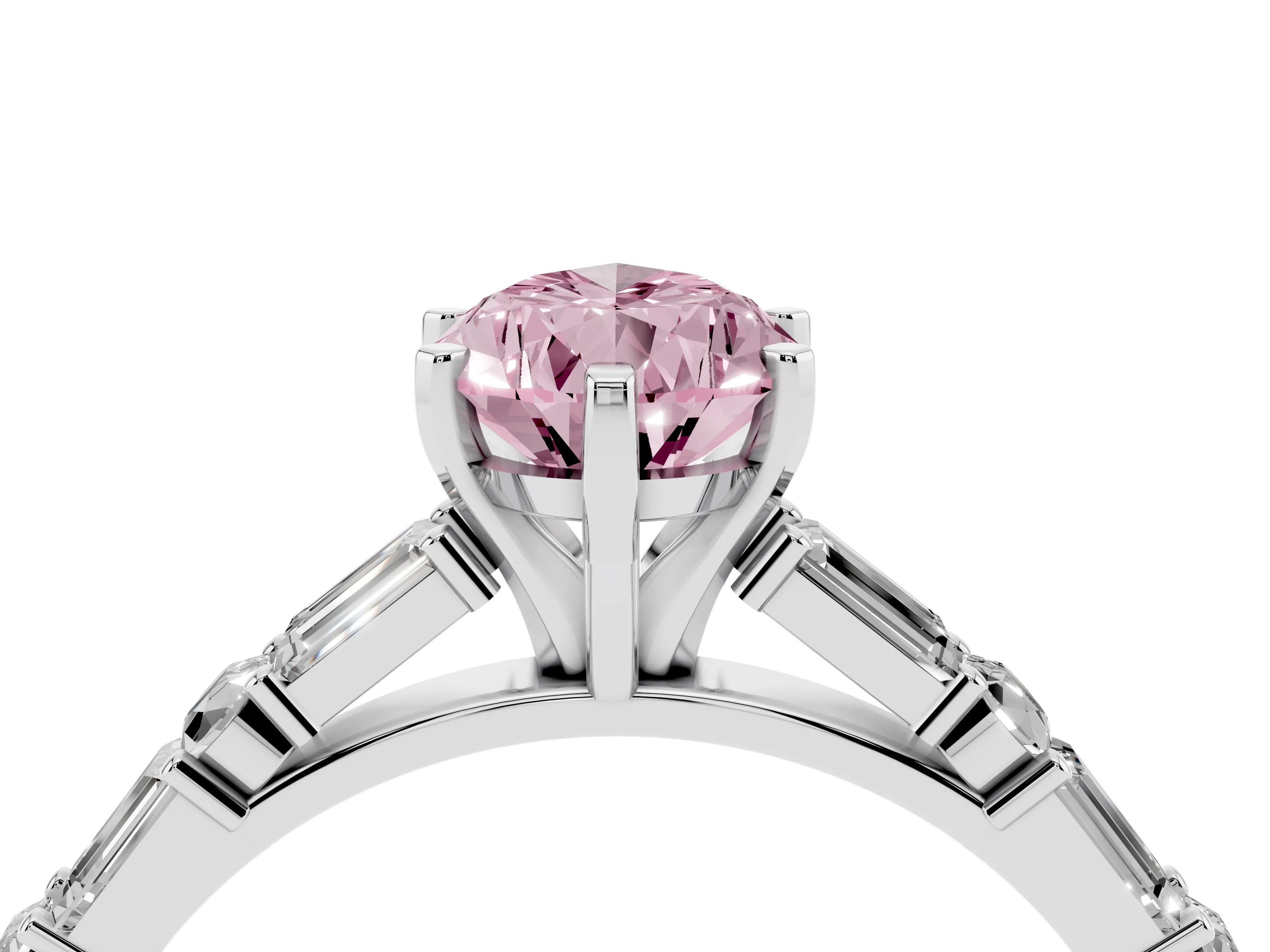 Fancy Pink Pear Cut Diamond Solitaire Set in White gold with Side Baguettes and Channel Set Band