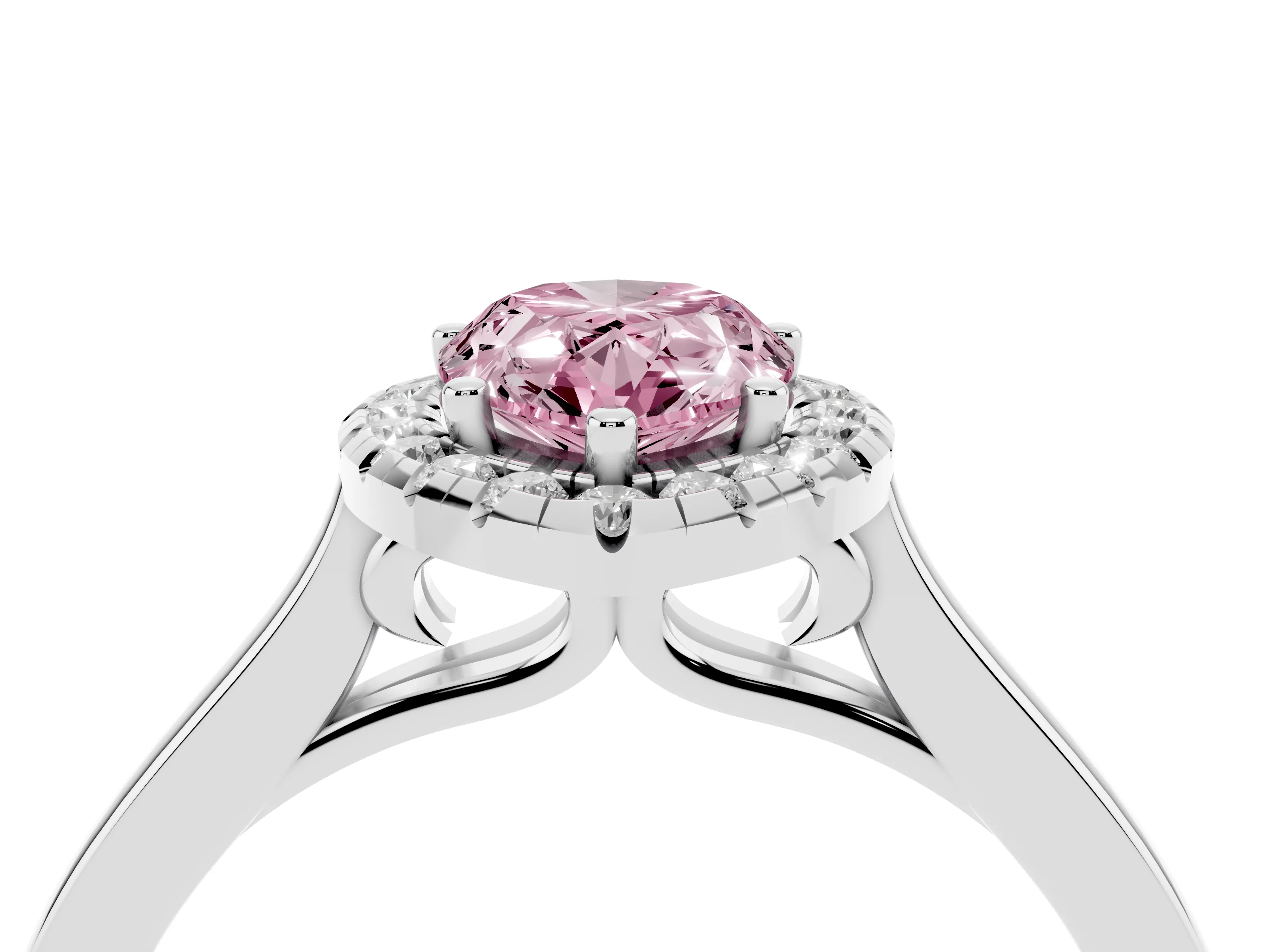 Fancy Pink Pear Cut Halo Round Diamond Solitaire Ring Set in Platinum with Pavé Band and Prong Setting