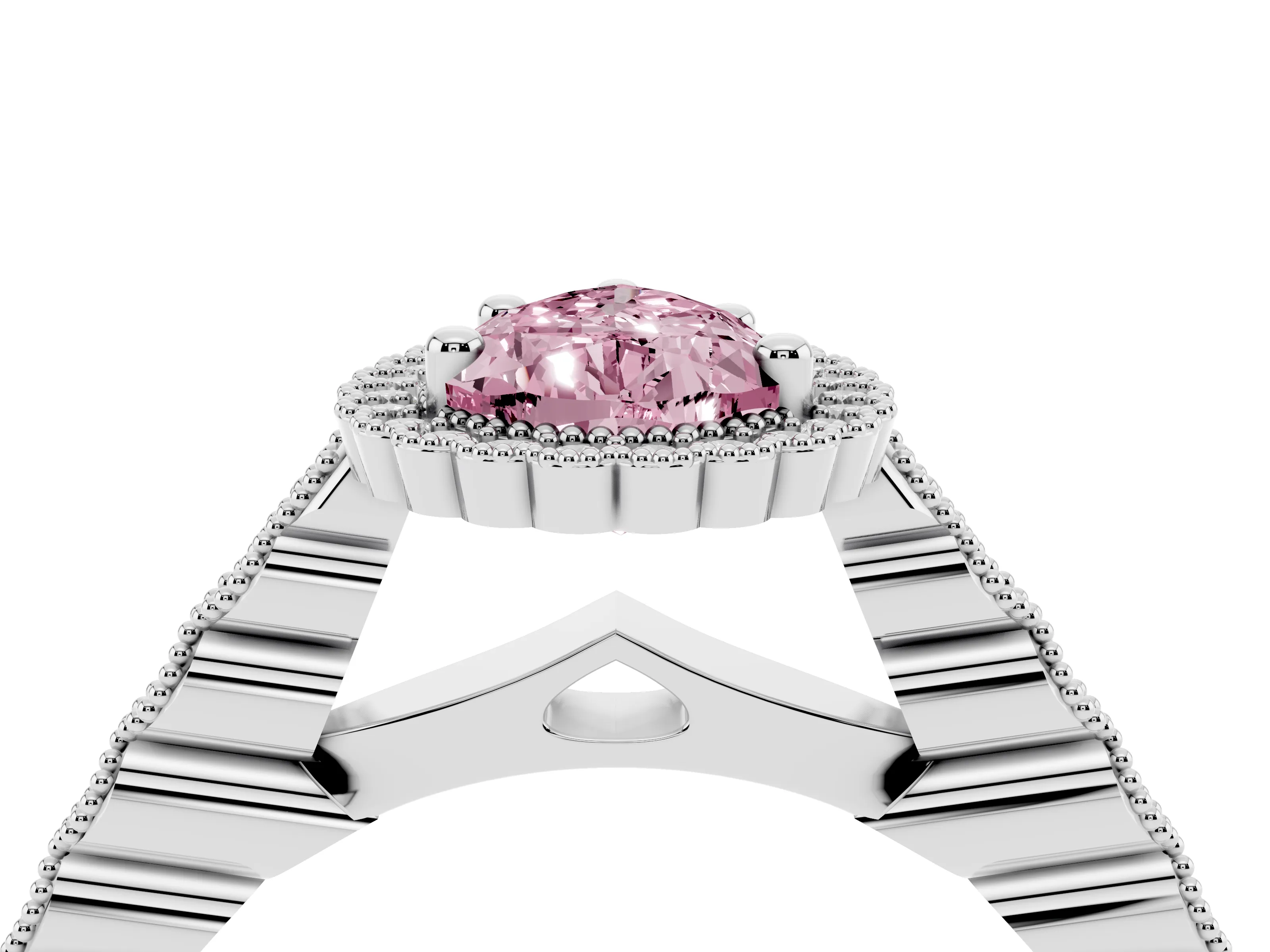 Fancy Pink Pear Cut Diamond Halo Ring Set in Platinum with Pavé Milgrain Band