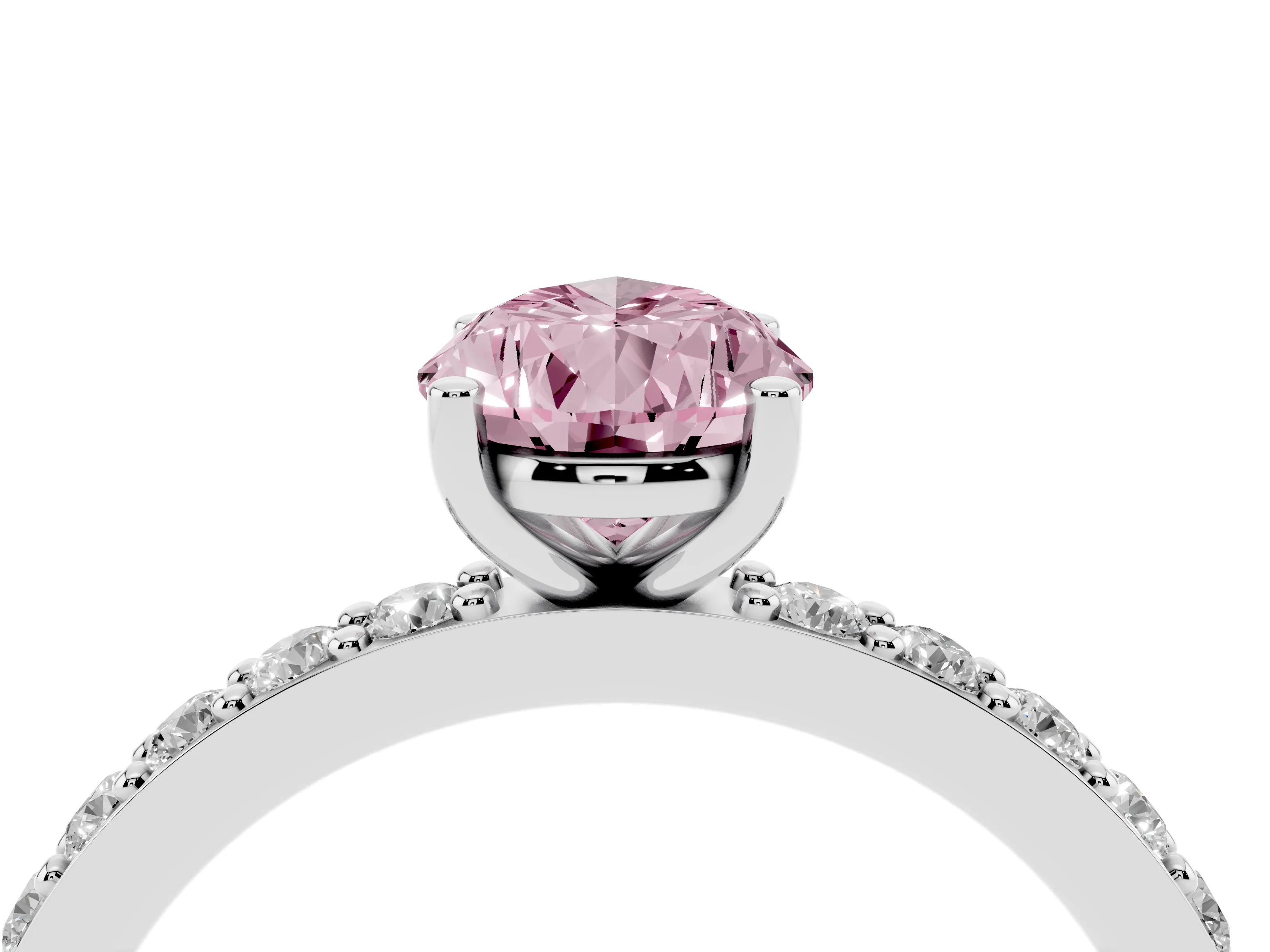 Fancy Pink Pear Cut Diamond Solitaire Set in White gold with Round Pavé Band and Prong Setting