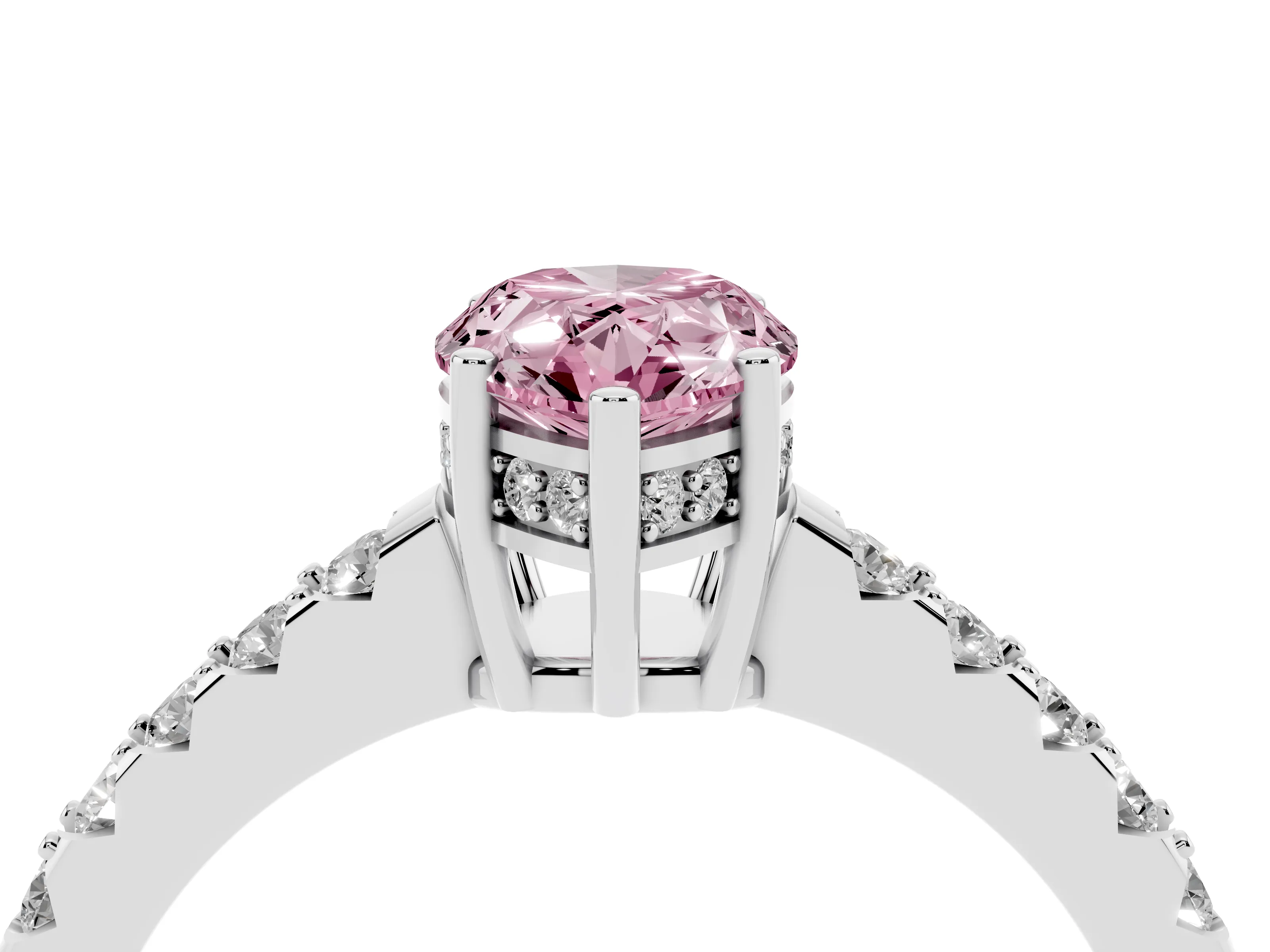 Fancy Pink Pear Cut Diamond Solitaire Engagement Ring Set in Platinum with Pavé Band and Prong Setting