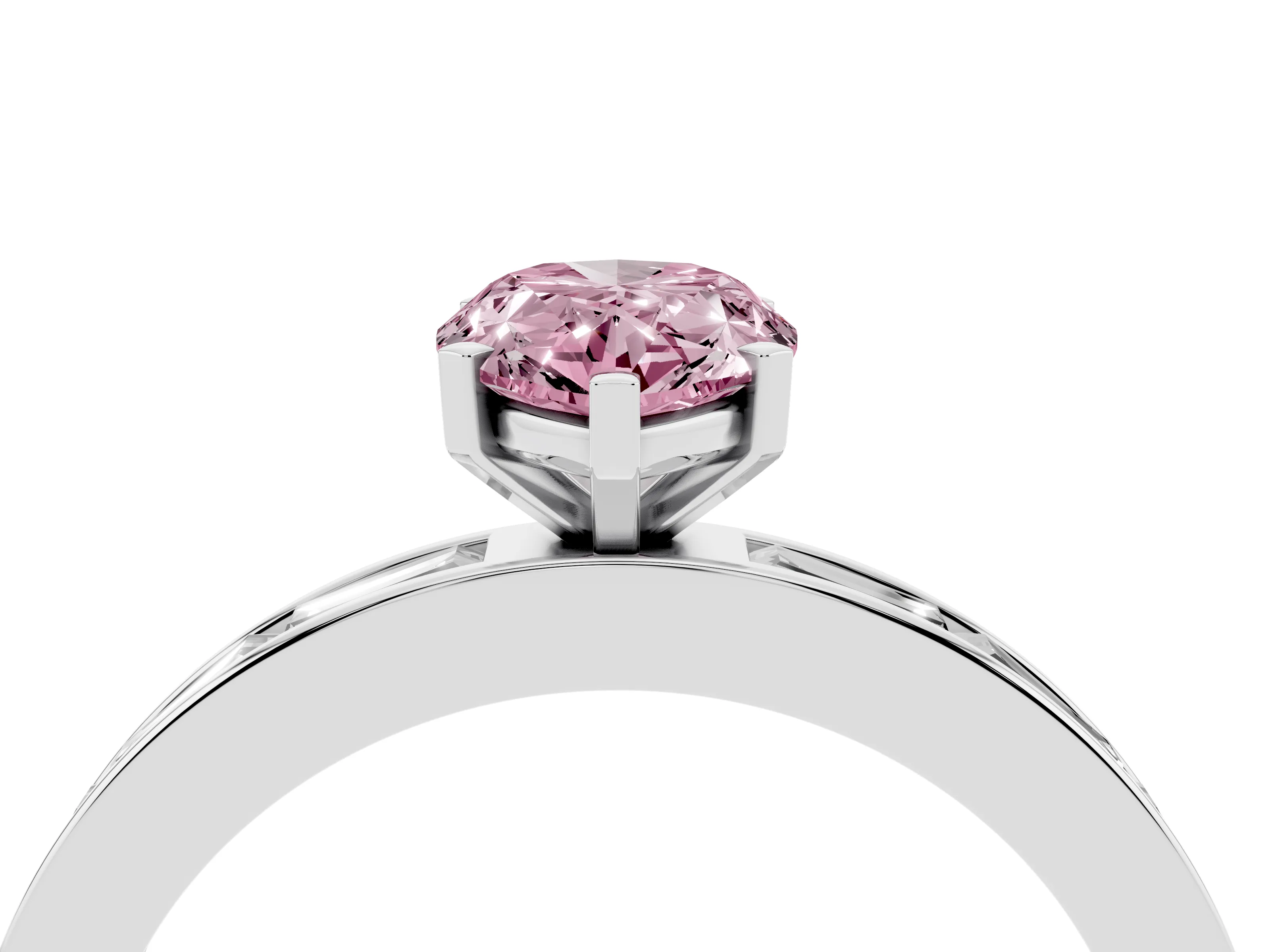 Fancy Pink Pear Cut Diamond Solitaire Ring Set in Silver with Channel-Set Baguette Band and Prong Setting
