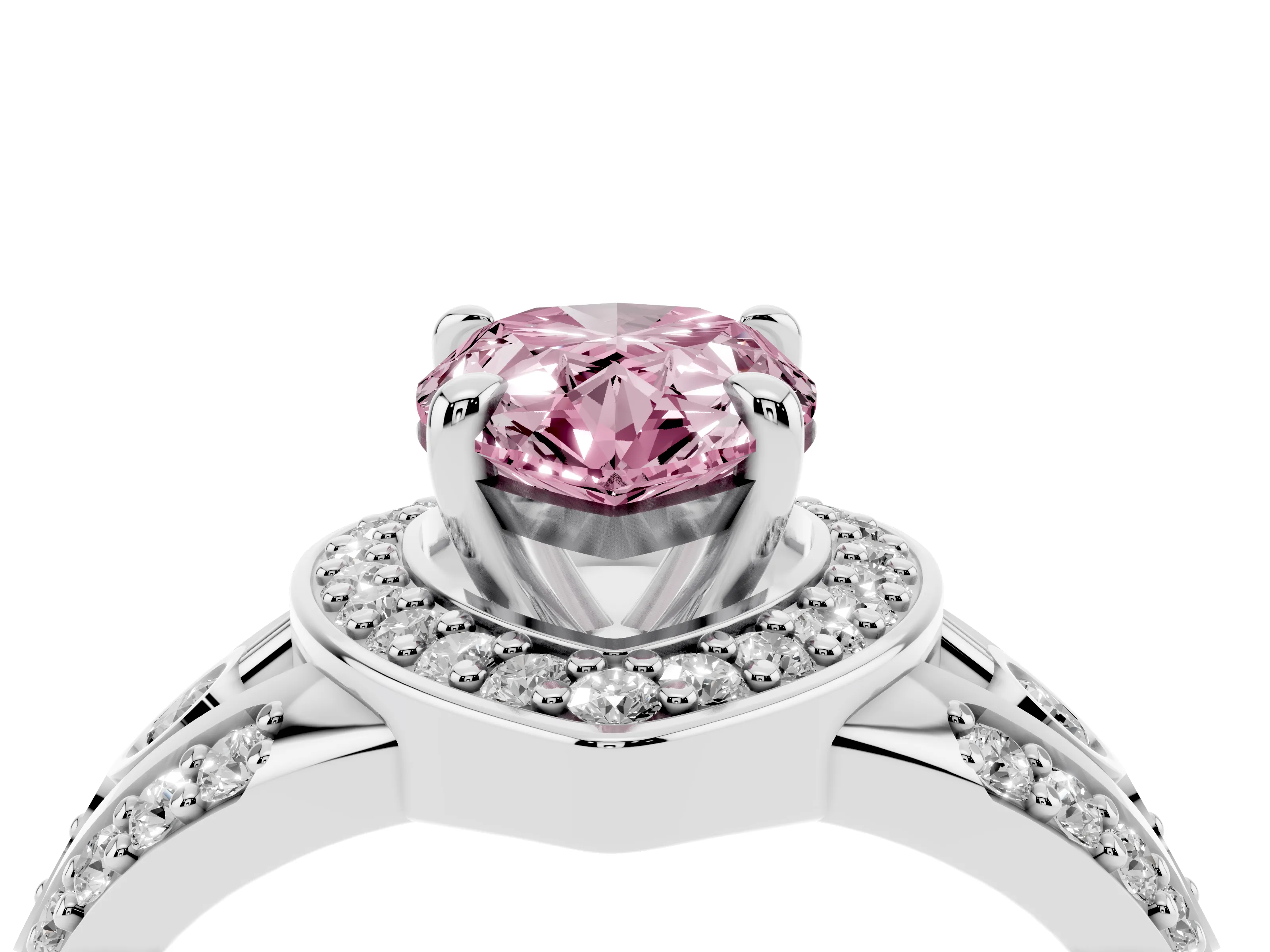 Fancy Pink Pear Cut Diamond Halo Ring Set in Silver with Pavé Split Shank and Bezel Accents