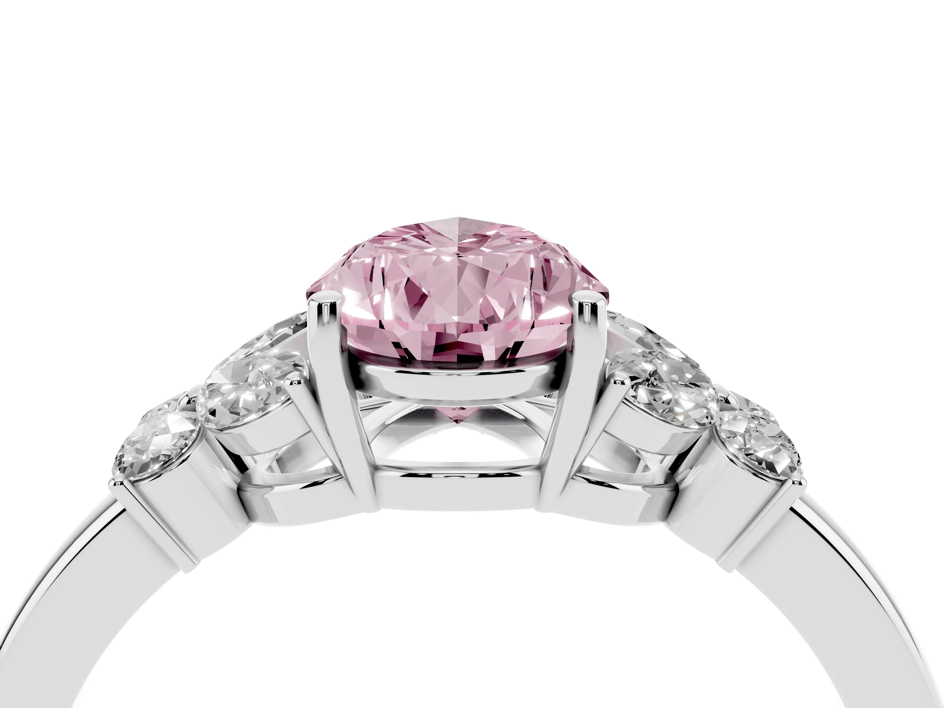 Fancy Pink Pear Cut Diamond Solitaire Floral Ring Set in Silver with Marquise Petals and Prong Setting