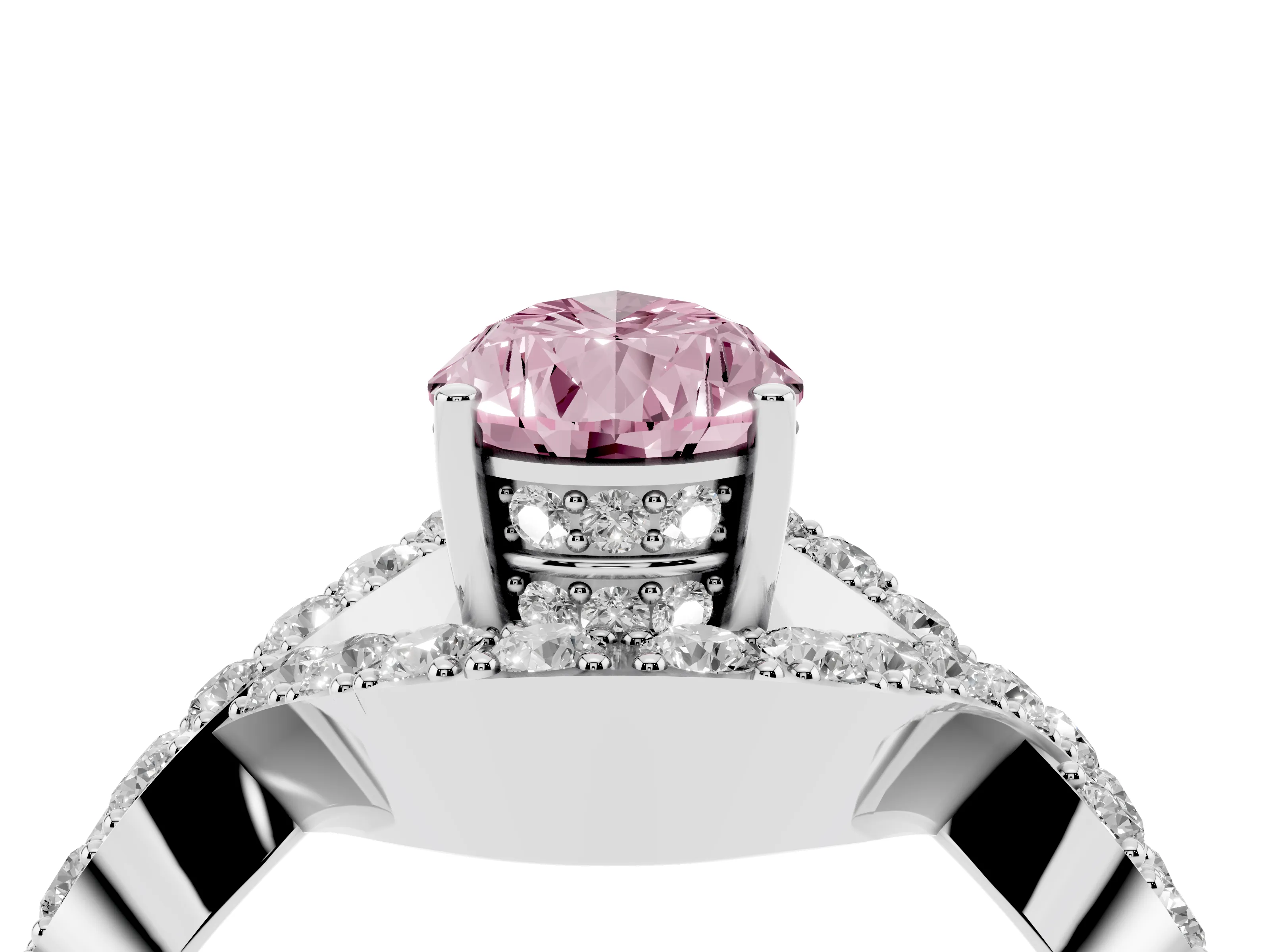 Fancy Pink Pear Cut Diamond Solitaire Twist Band Pavé Engagement Ring Set in Silver