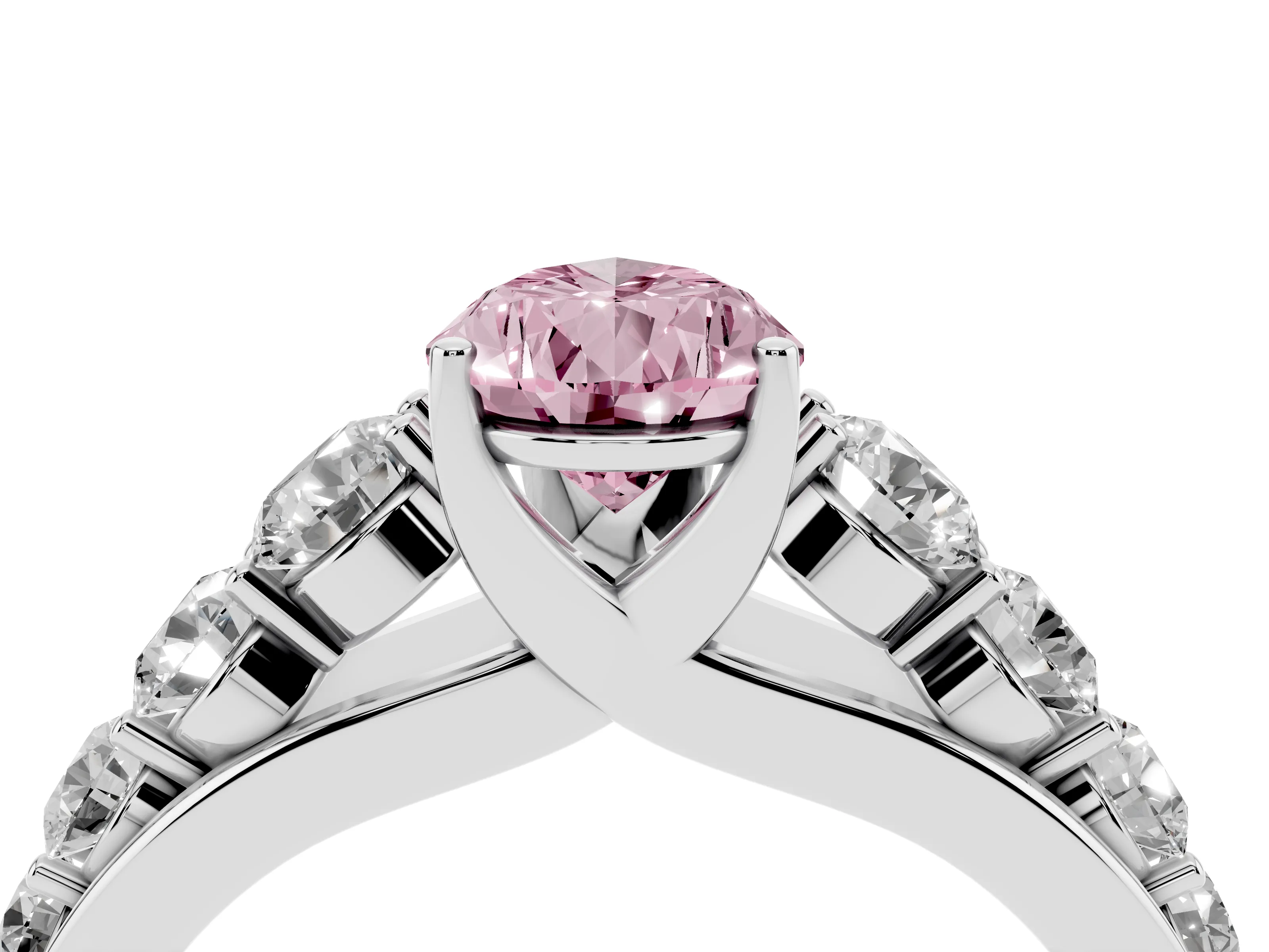 Fancy Pink Pear Cut Diamond Solitaire Ring Set in Silver with Pavé-Set Band and Prong Setting