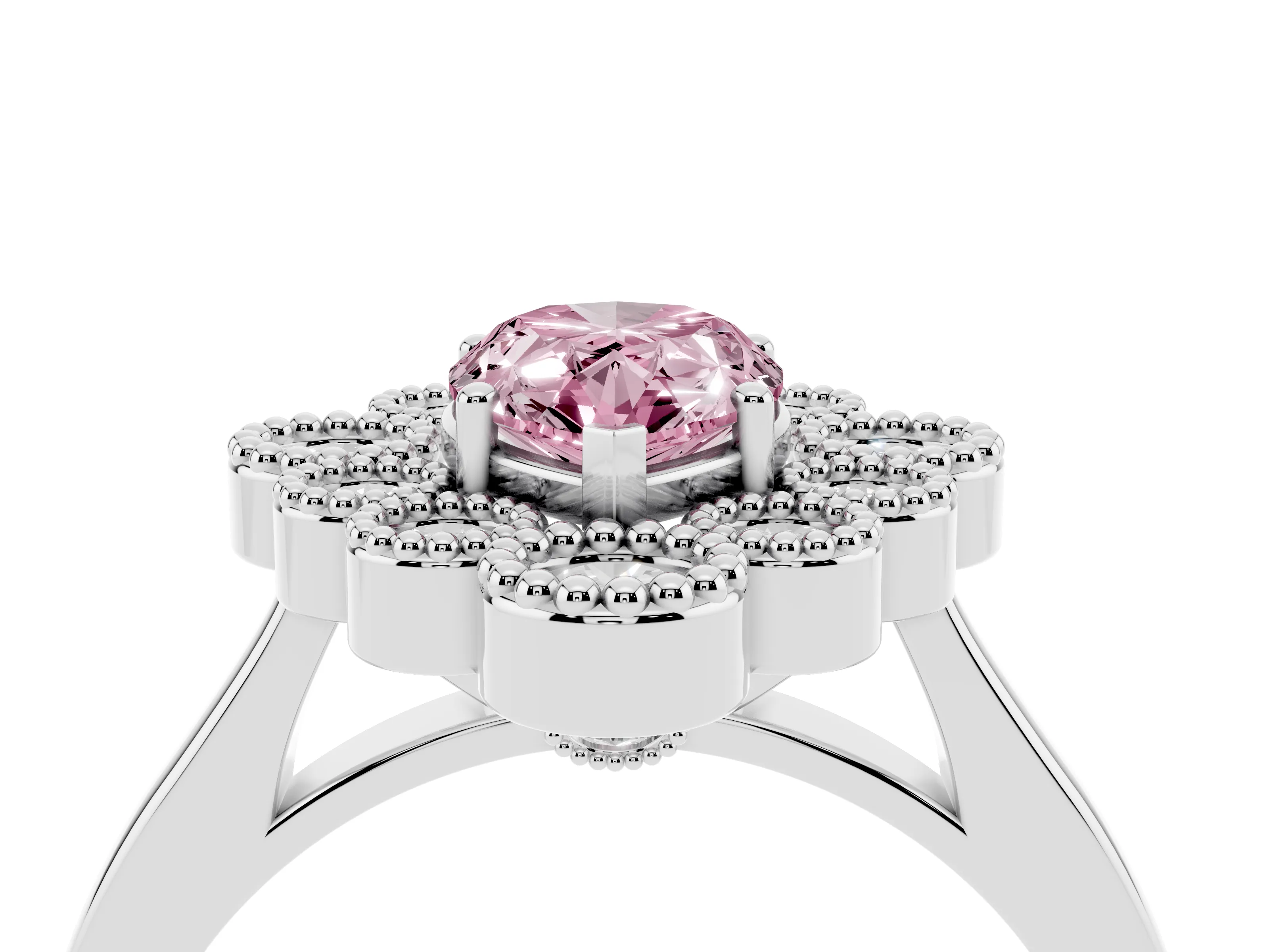 Fancy Pink Pear Cut Diamond Cluster Halo Ring Set in White gold with Milgrain Bezel Accents and Plain Band