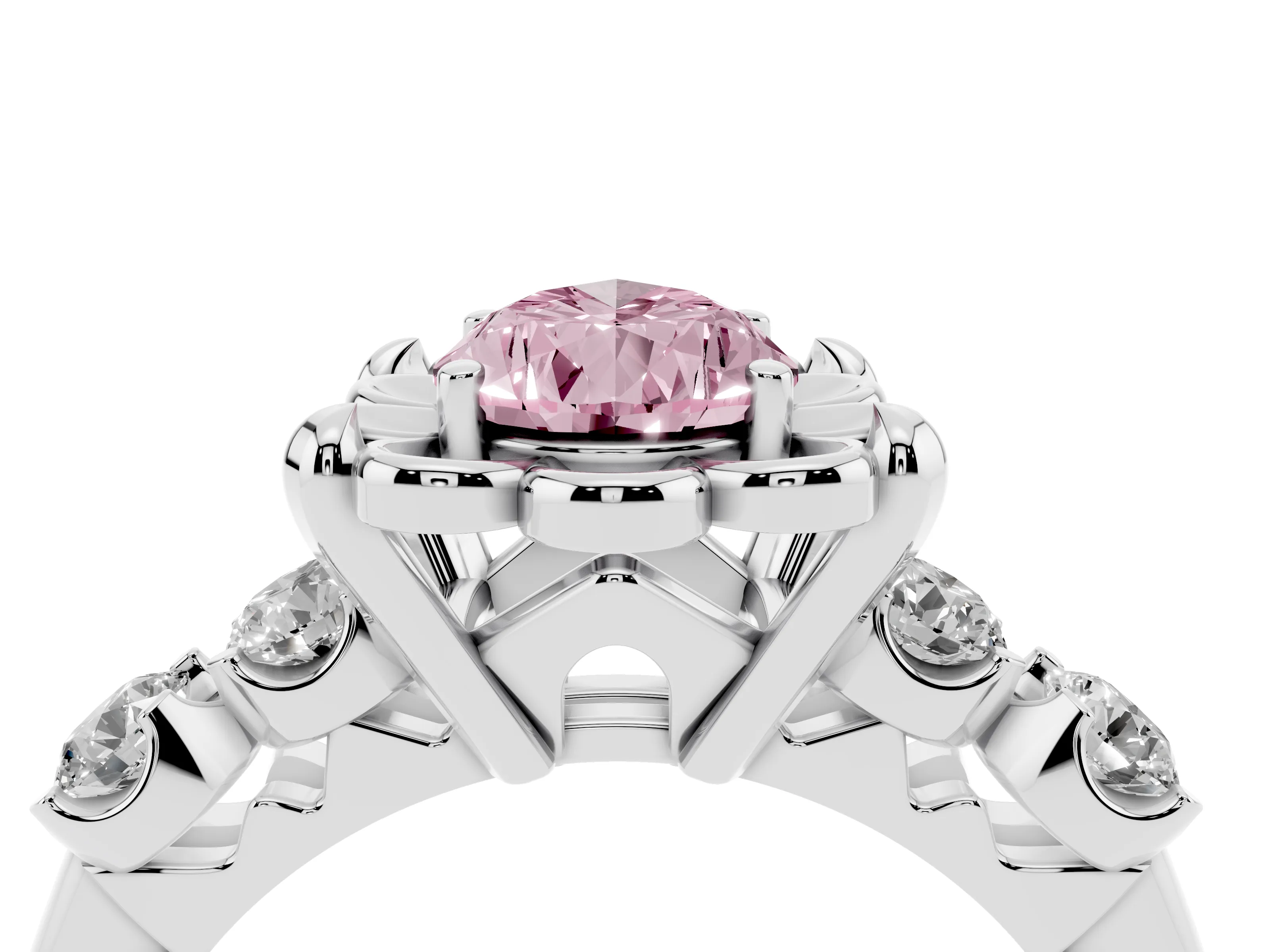 Fancy Pink Pear Cut Diamond Floral Halo Ring Set in White gold with Shared Prong Band