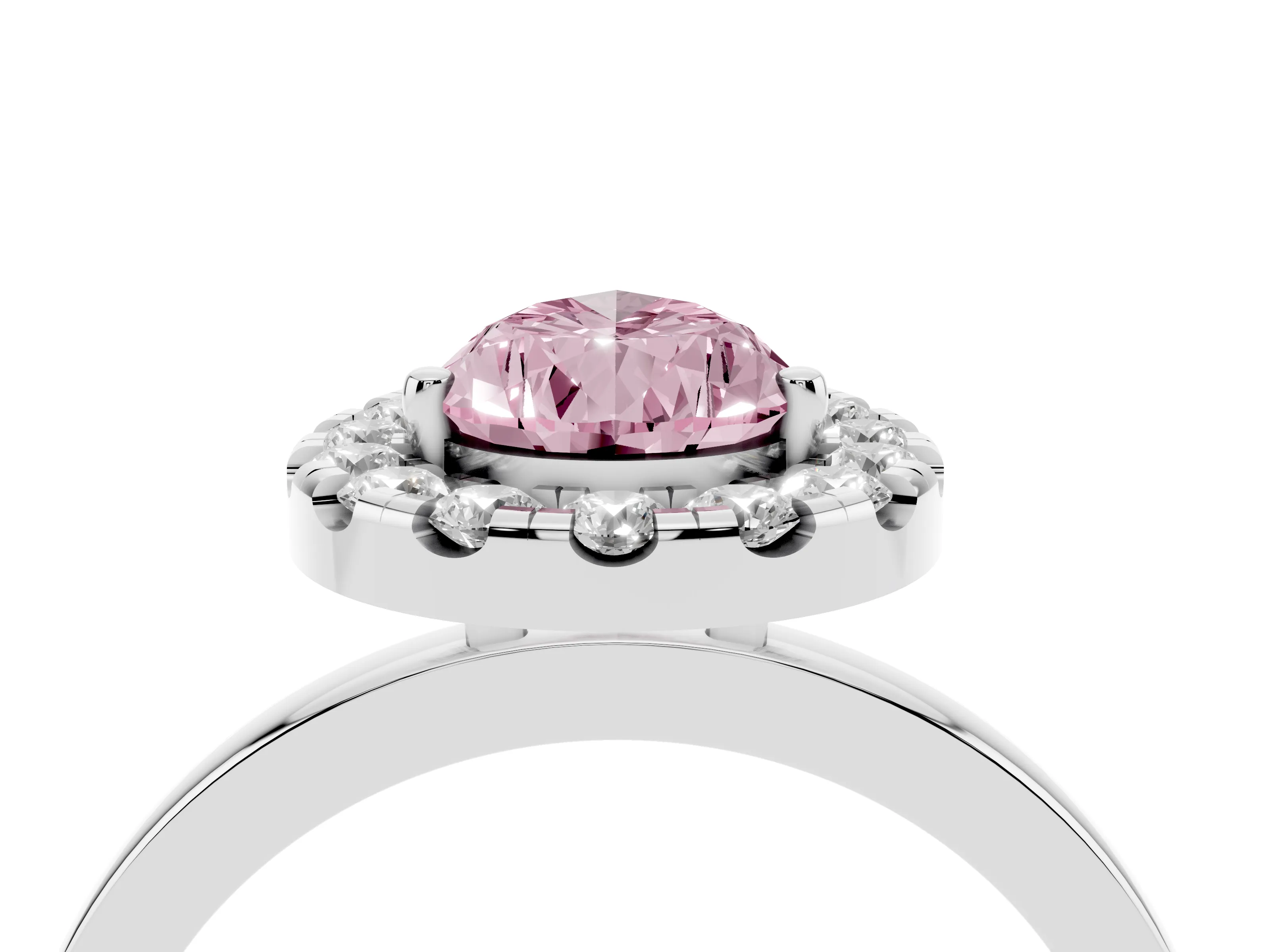 Fancy Pink Pear Cut Diamond Halo Solitaire Ring Set in Silver with Pavé Band and Prong Setting