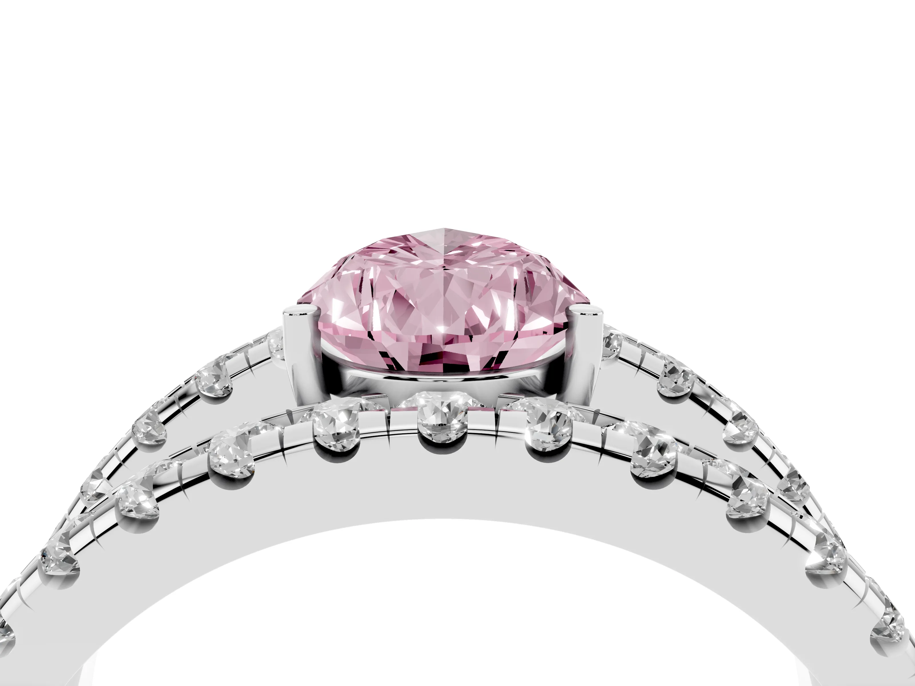 Fancy Pink Pear Cut Diamond Split Shank Pavé Solitaire Ring Set in Platinum with Open Shank Design