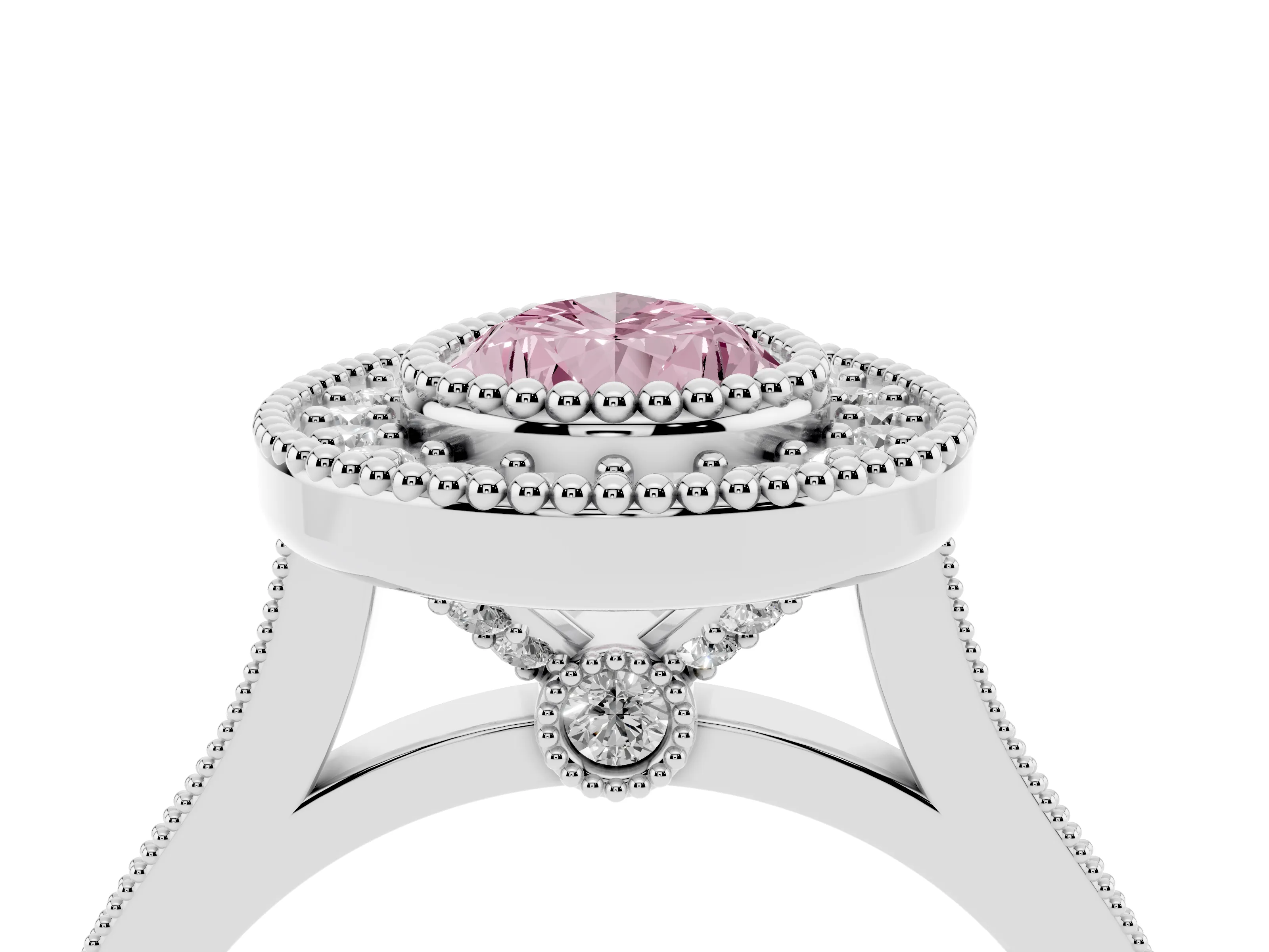 Fancy Pink Pear Cut Diamond Halo Ring Set in Silver with Milgrain Frame and Pavé Band
