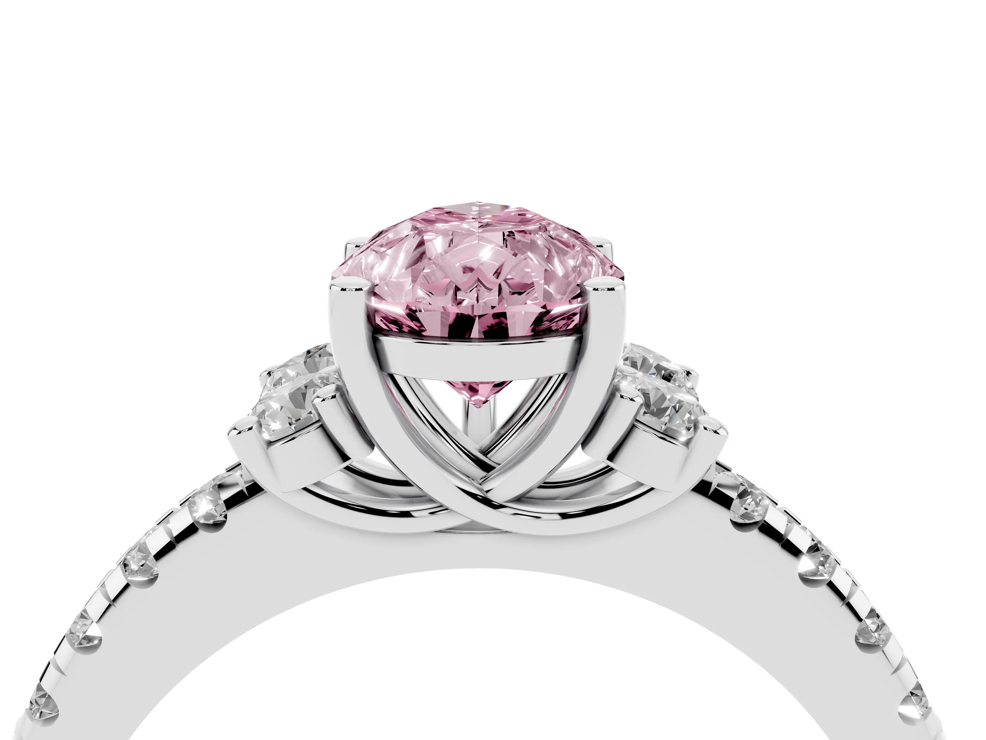 Fancy Pink Pear Cut Diamond Three-Stone Pavé Ring Set in Platinum with Prong Setting